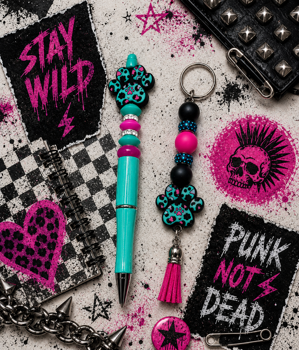 Leopard Paw Print Pen & Keychain Gift Set | Handmade Beaded Pen | Animal Print Office Gift | Cute Teacher Gift | Desk Accessories | Hempin Mayhem