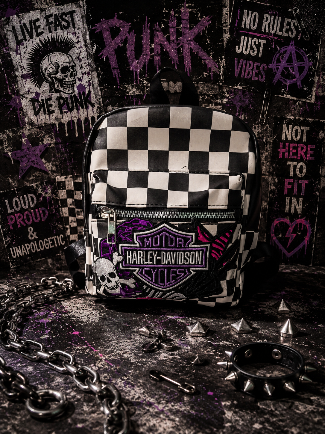 Black & White Checkered Mini Backpack Purse with Purple Embroidered Patch | Punk Rock Backpack | Alternative Style Backpack Purse | Handmade Statement Bag