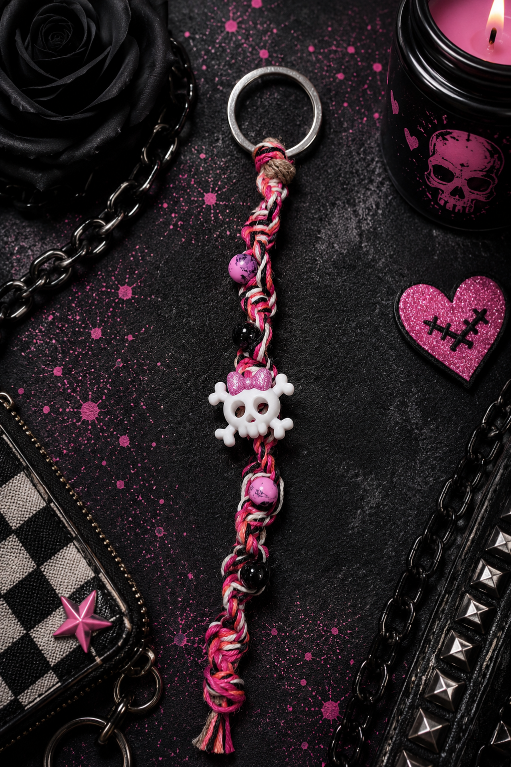 Pink Black & White Hemp Keychain with Skull Charm | Handmade Boho Goth Accessories