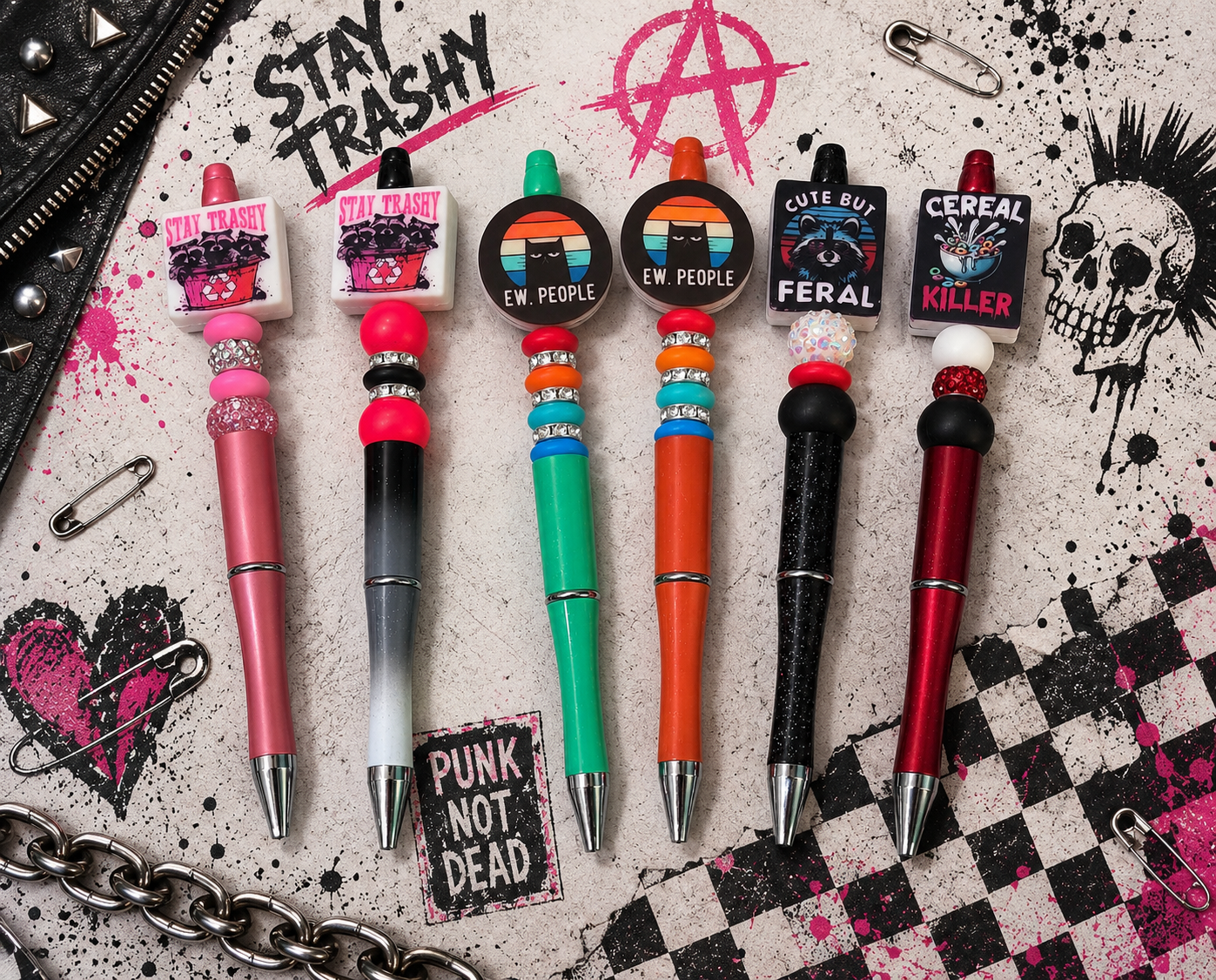 Funny Handmade Beaded Pens | Sarcastic Refillable Pens | Coworker Gift | Office Desk Accessory | Cute but Feral | Eww People | Stay Trashy | Cereal Killer