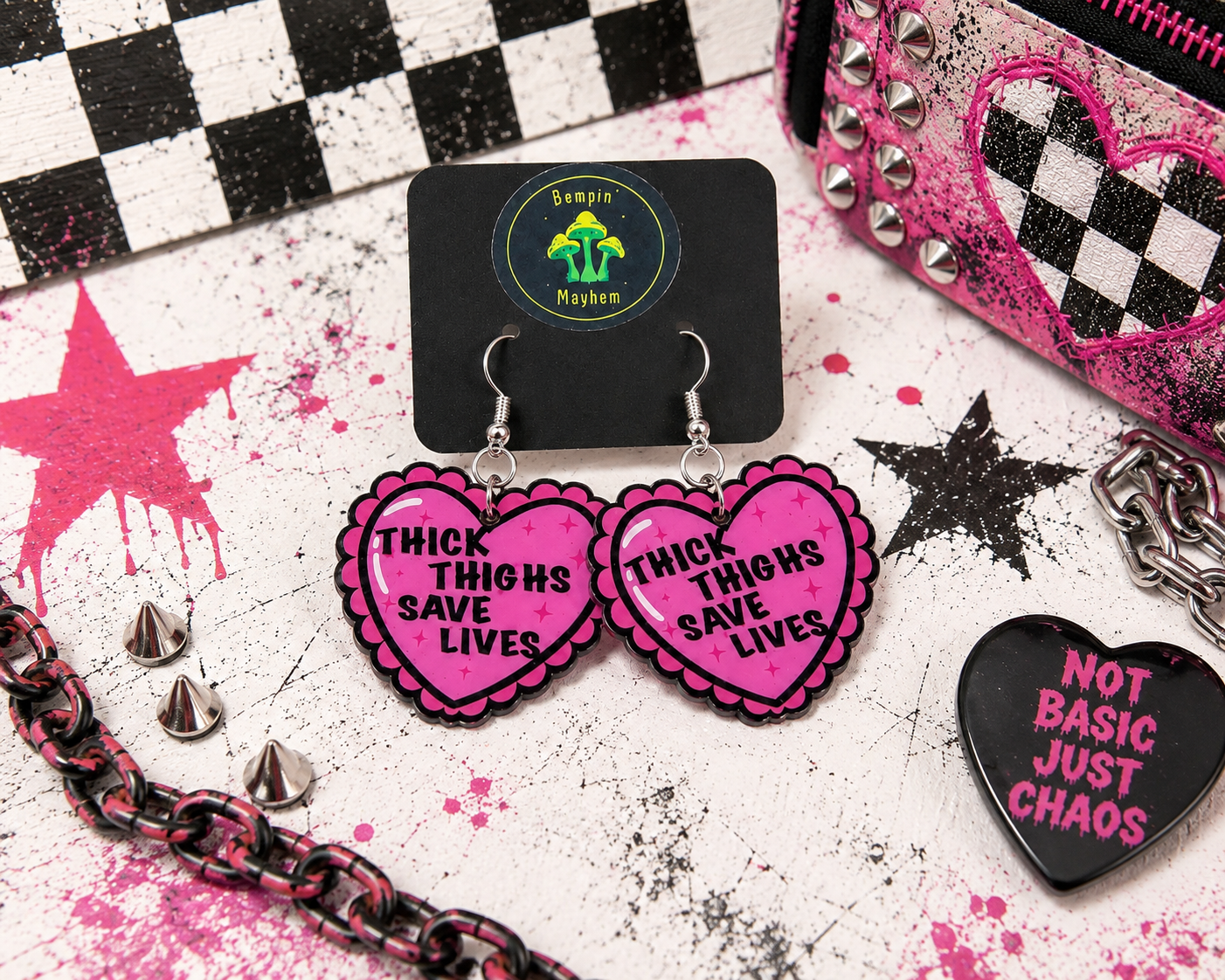 Thick Thighs Save Lives Heart Dangle Earrings | Funny Body Positive Handmade Statement Jewelry