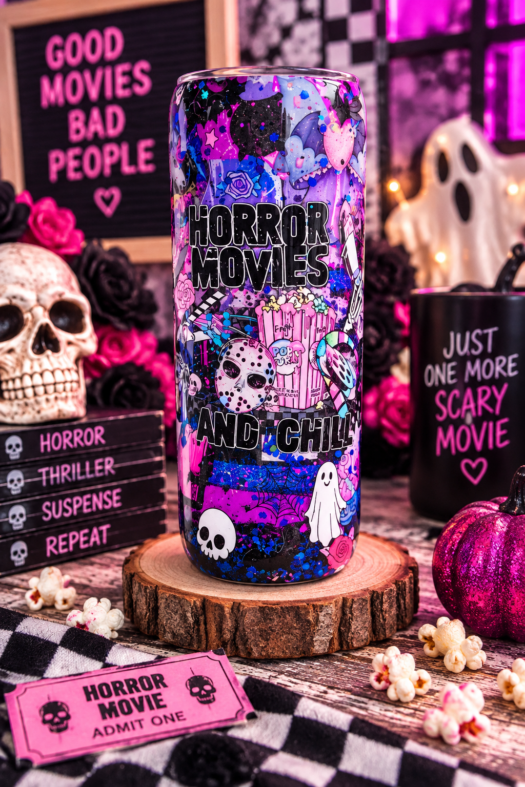Horror Movies & Chill Tumbler – Handmade Glitter Epoxy Horror Movie Cup | Spooky Gothic Drinkware | Horror Lover Gift