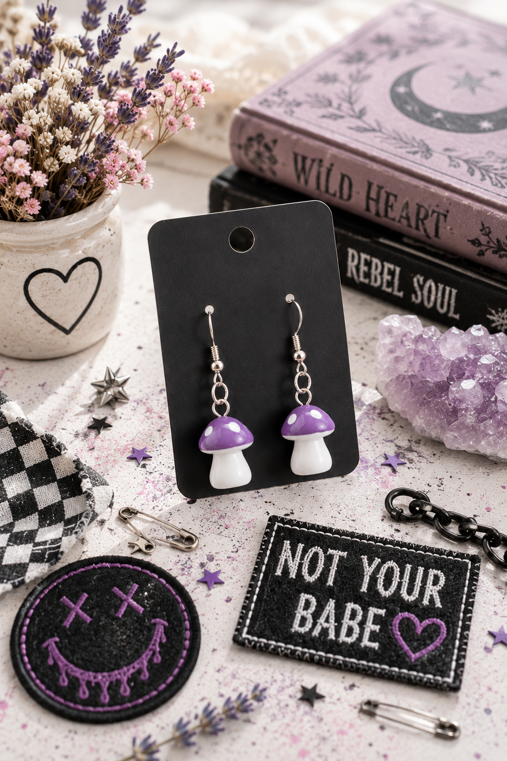 Sassy Purple Mushroom Dangle Earrings | Cottagecore Fairycore Jewelry | Whimsical Handmade Statement