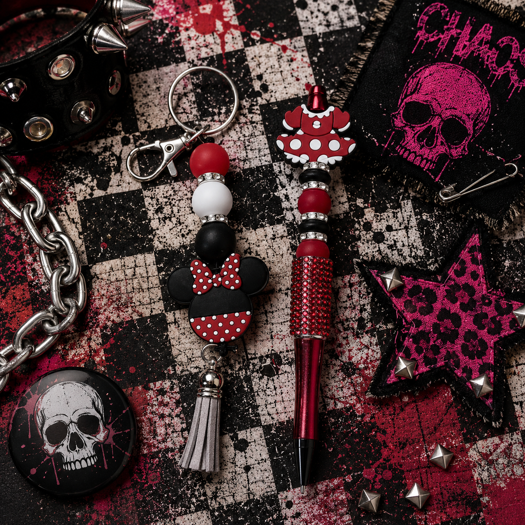 Red, Black & White Beaded Gift Set | Handmade Keychain, Pen & Sticker | Hempin Mayhem