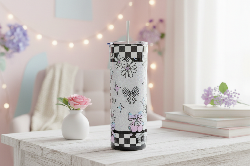 Checkered Mama Tumbler 20oz – Black White Epoxy Cup, Trendy Mom Gift, Stainless Steel Coffee Cup, Handmade Travel Mug