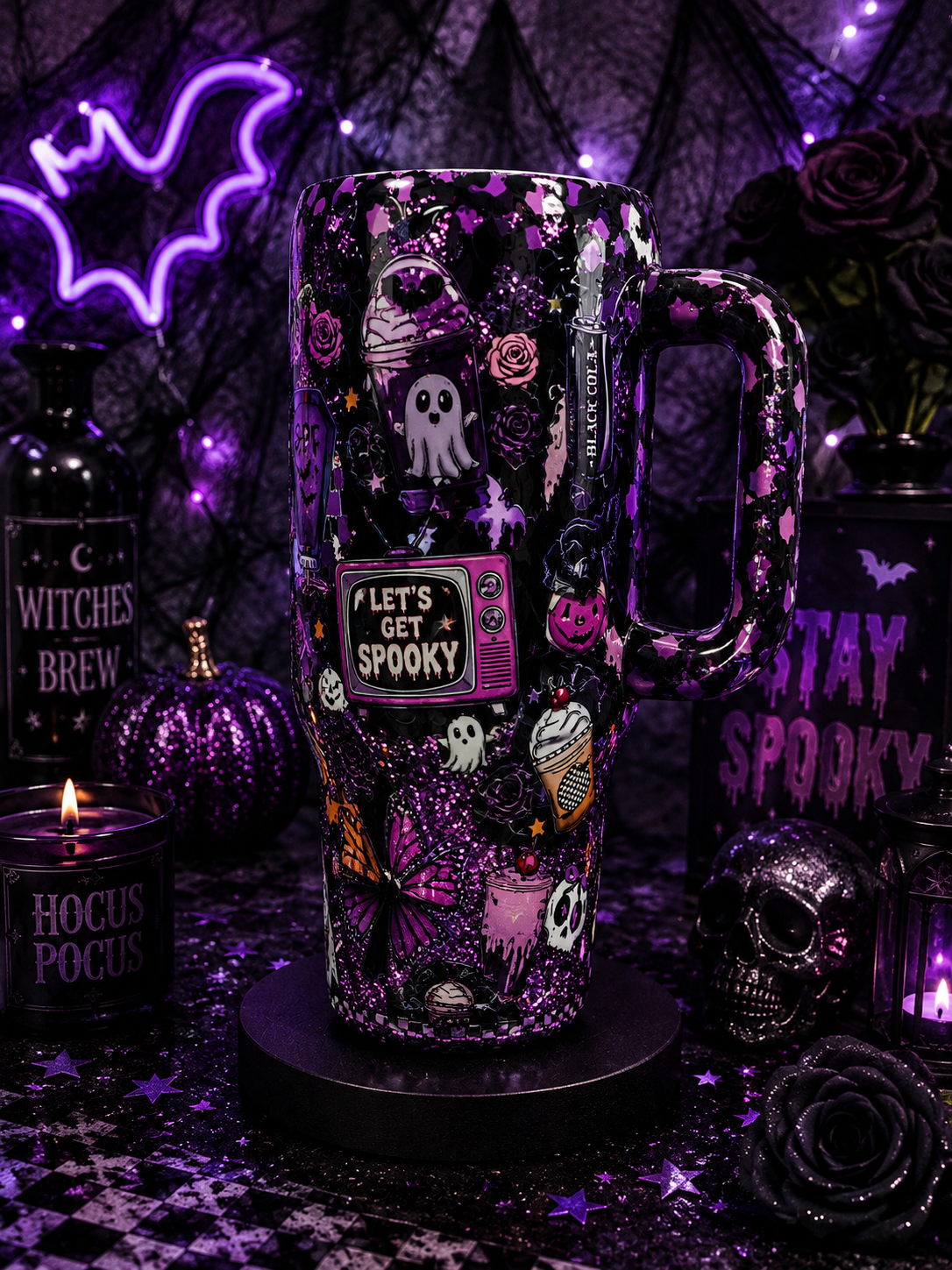 Spooky Summer 40oz Epoxy Tumbler with Handle – Purple & Black Halloween Glitter Cup