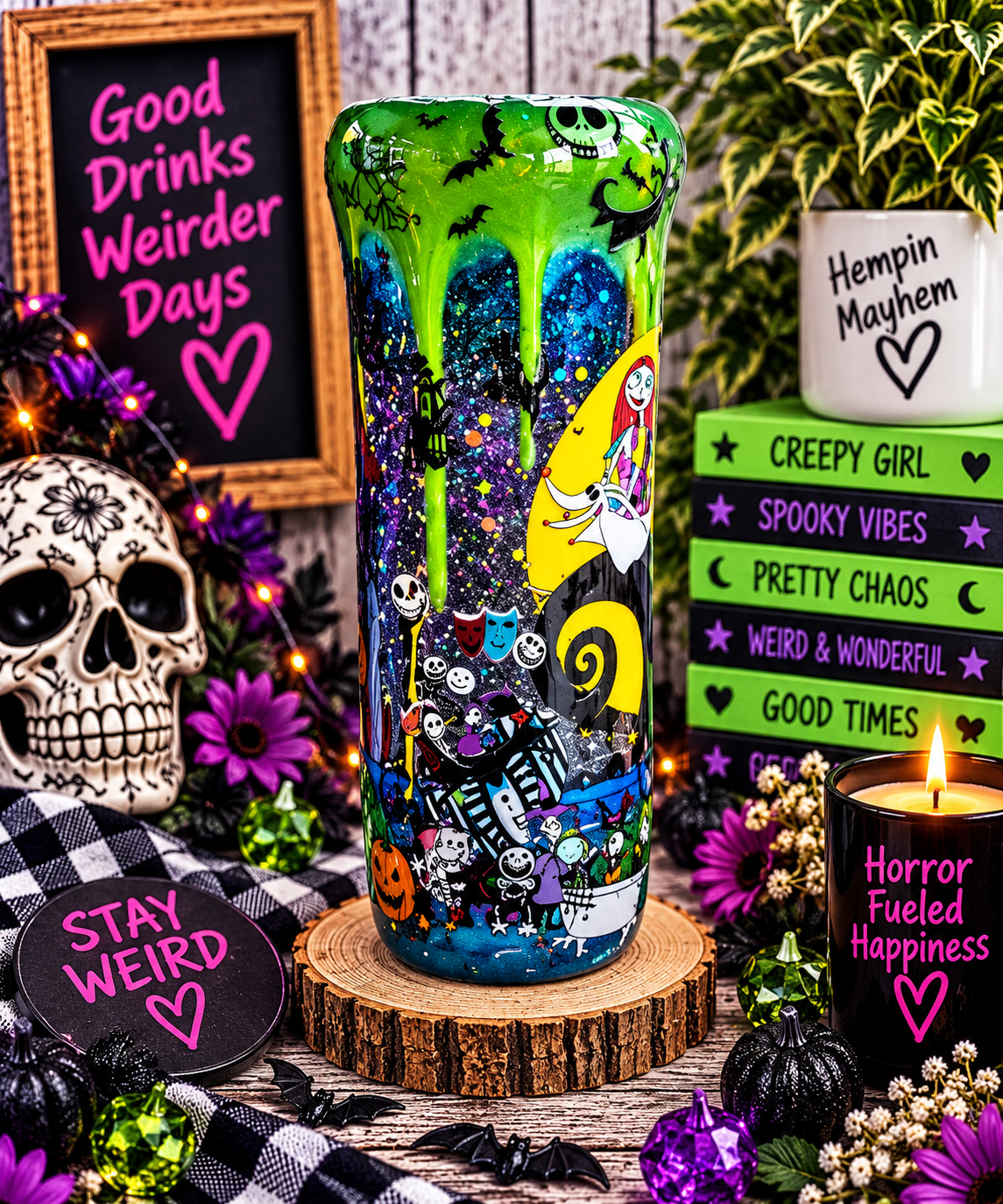Halloween Glitter Tumbler, Stainless Steel Cup with Epoxy Finish and Metal Straw