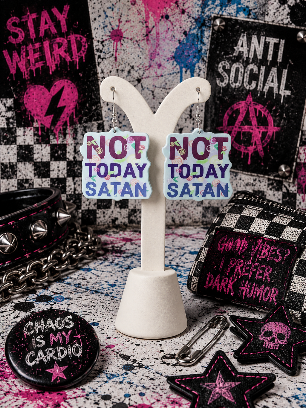 White Pink and Blue Not Today Satan Earrings: Handmade Gothic Witchy Jewelry