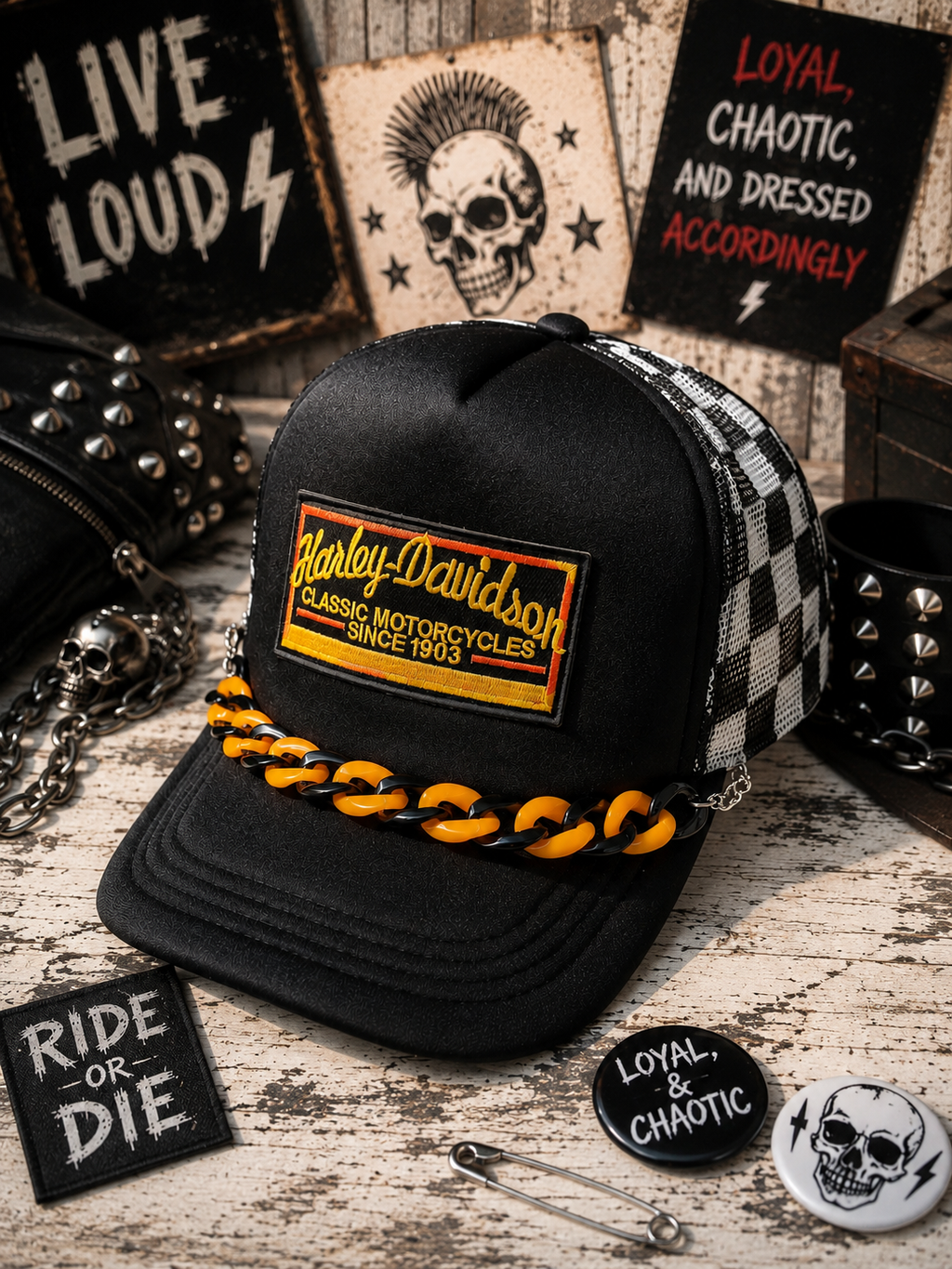 Biker Trucker Hat – Edgy Snapback Cap, Motorcycle Inspired Streetwear Hat, Checkered Western Style Mesh Hat