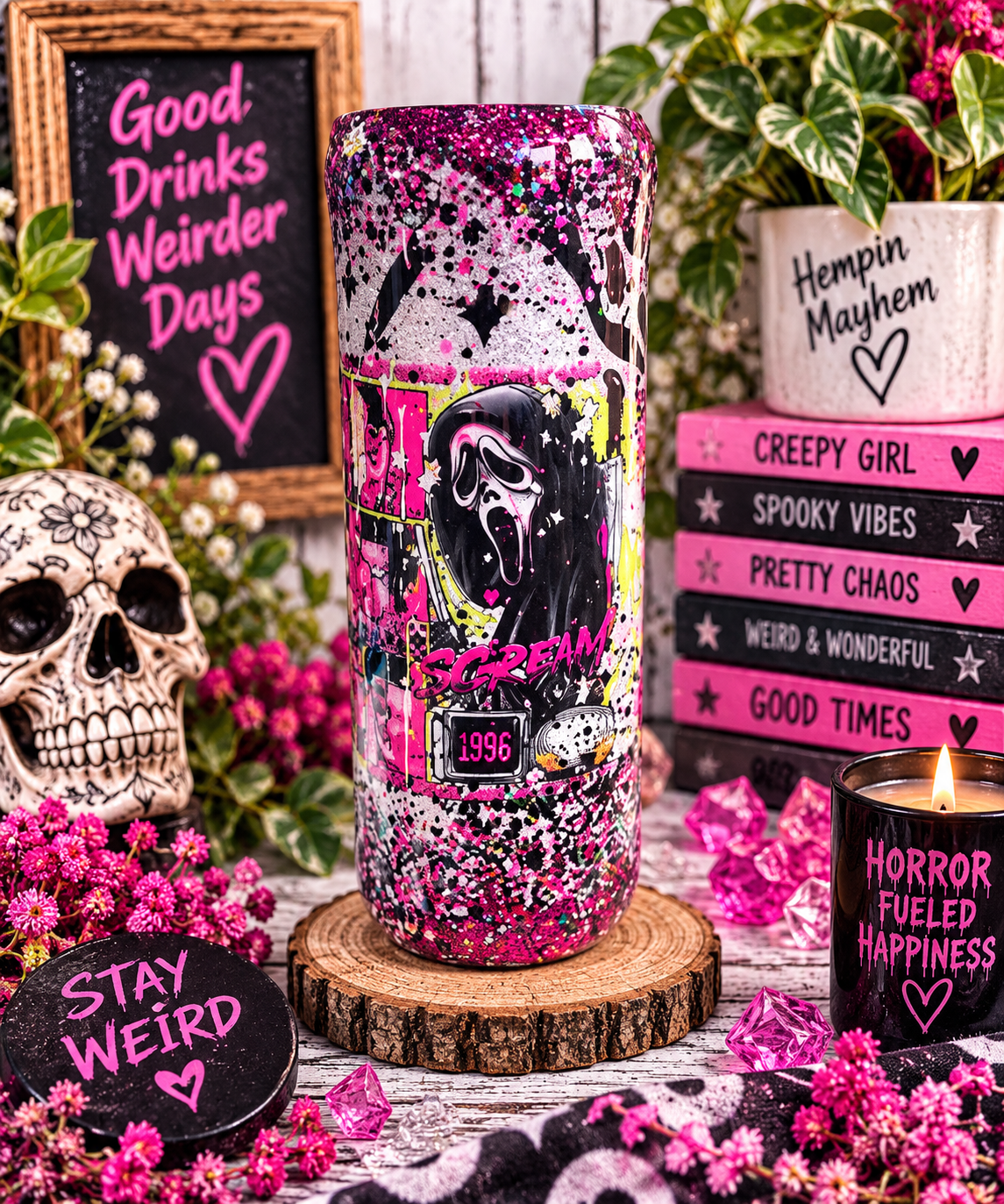 Silver horror fan Glitter Epoxy Tumbler, Spooky Season Vibes, Ghost Face Scream Cup