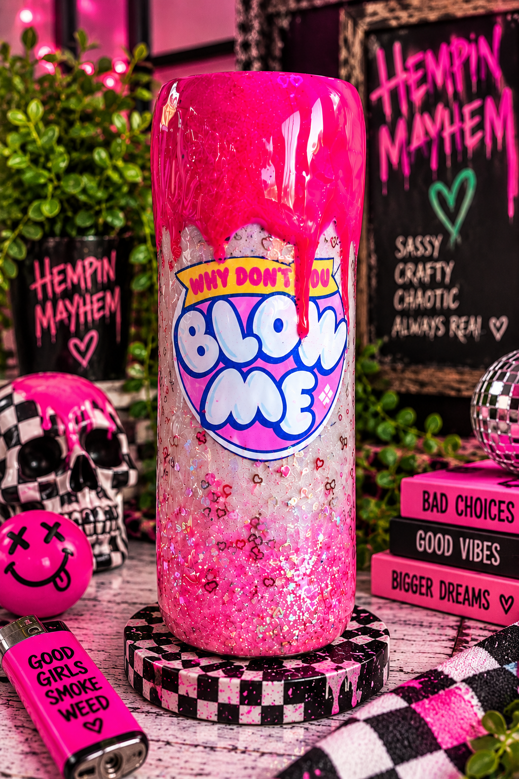 Funny Bubble Gum Wrapper Tumbler: Hot Pink Glitter Drip Epoxy Cup