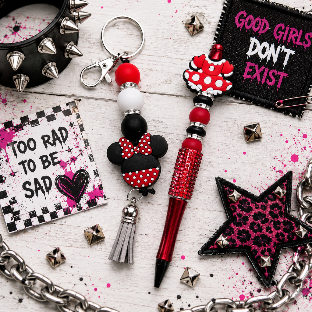 Red, Black & White Beaded Gift Set | Handmade Keychain, Pen & Sticker | Hempin Mayhem