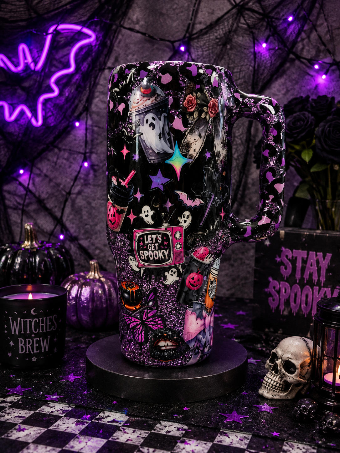 Spooky Summer 40oz Epoxy Tumbler with Handle – Purple & Black Halloween Glitter Cup