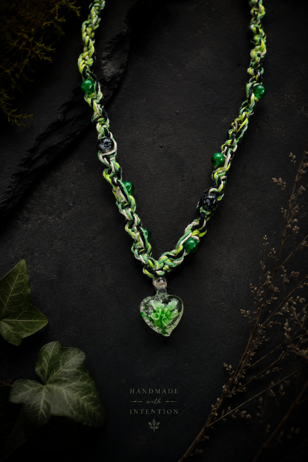 Green Black White & Tan Hemp Necklace – Handmade Boho Hemp Jewelry with Blown Glass Heart Pendant