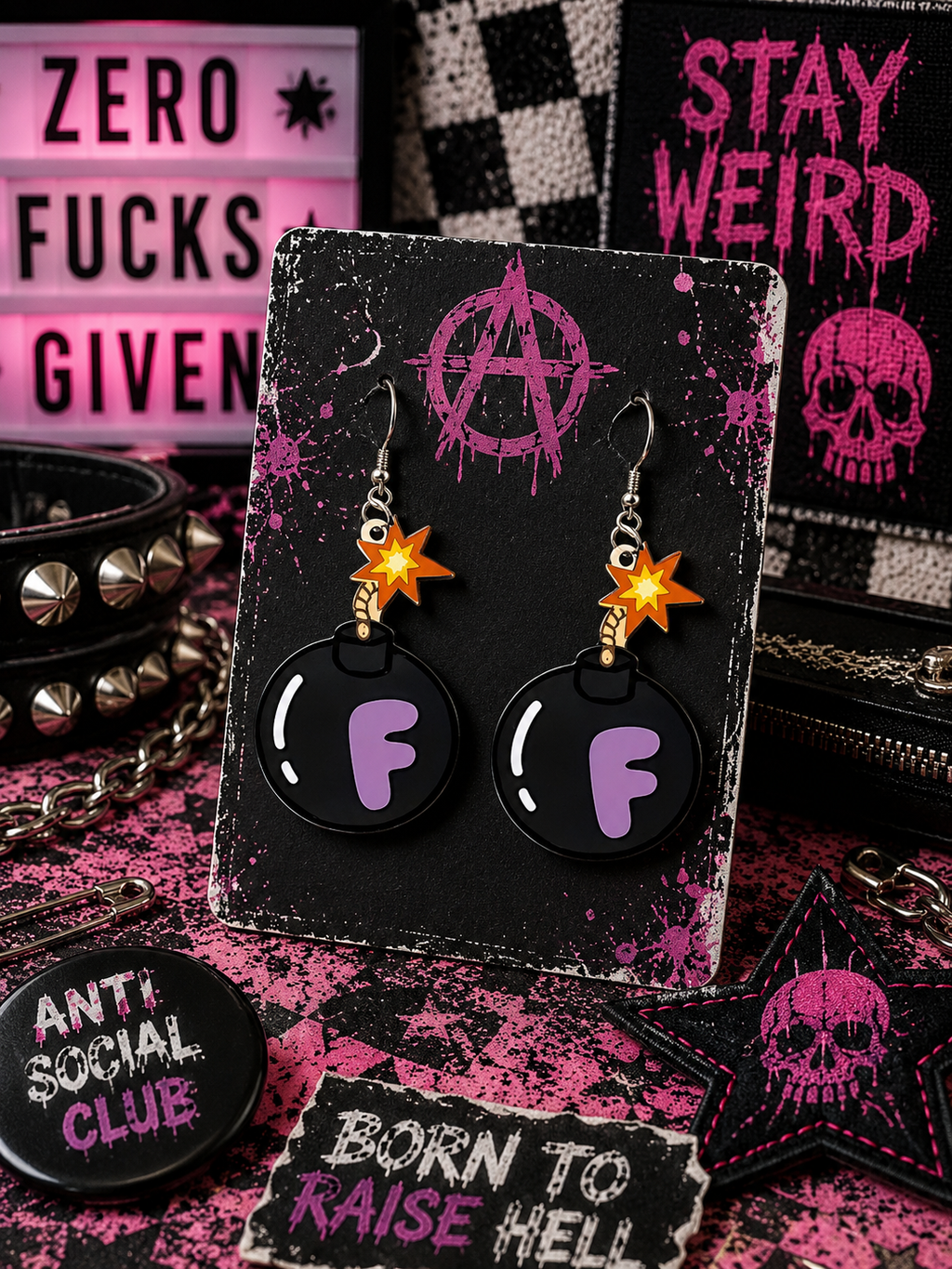 Unapologetic AF F-Bomb Earrings | Funny Black Purple Acrylic Dangle Earrings | Punk Statement Jewelry