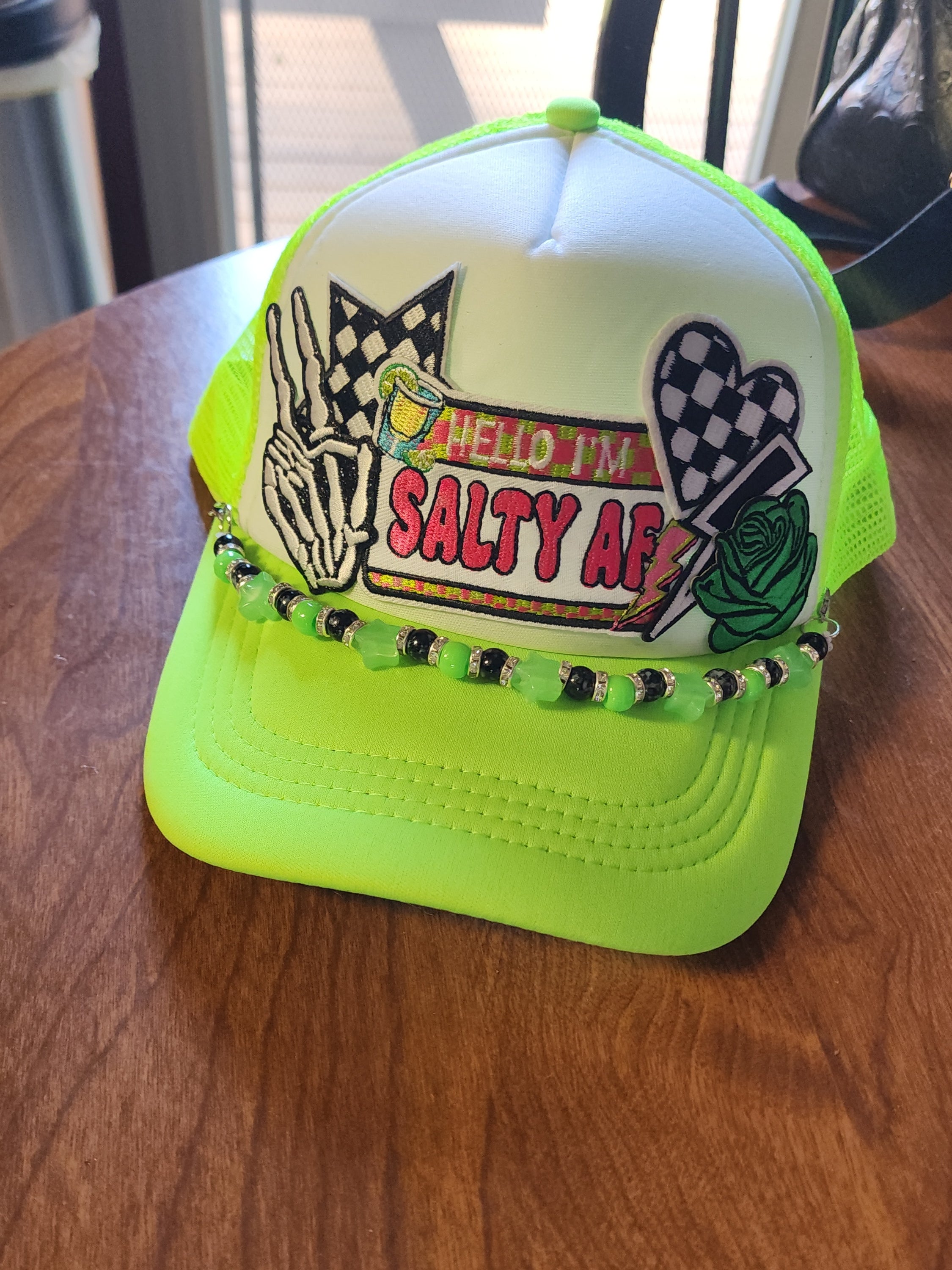 Salty AF Trucker Hat – Neon Green & White Snapback with Checkered Patches, Edgy Festival Hat, Alternative Streetwear Cap