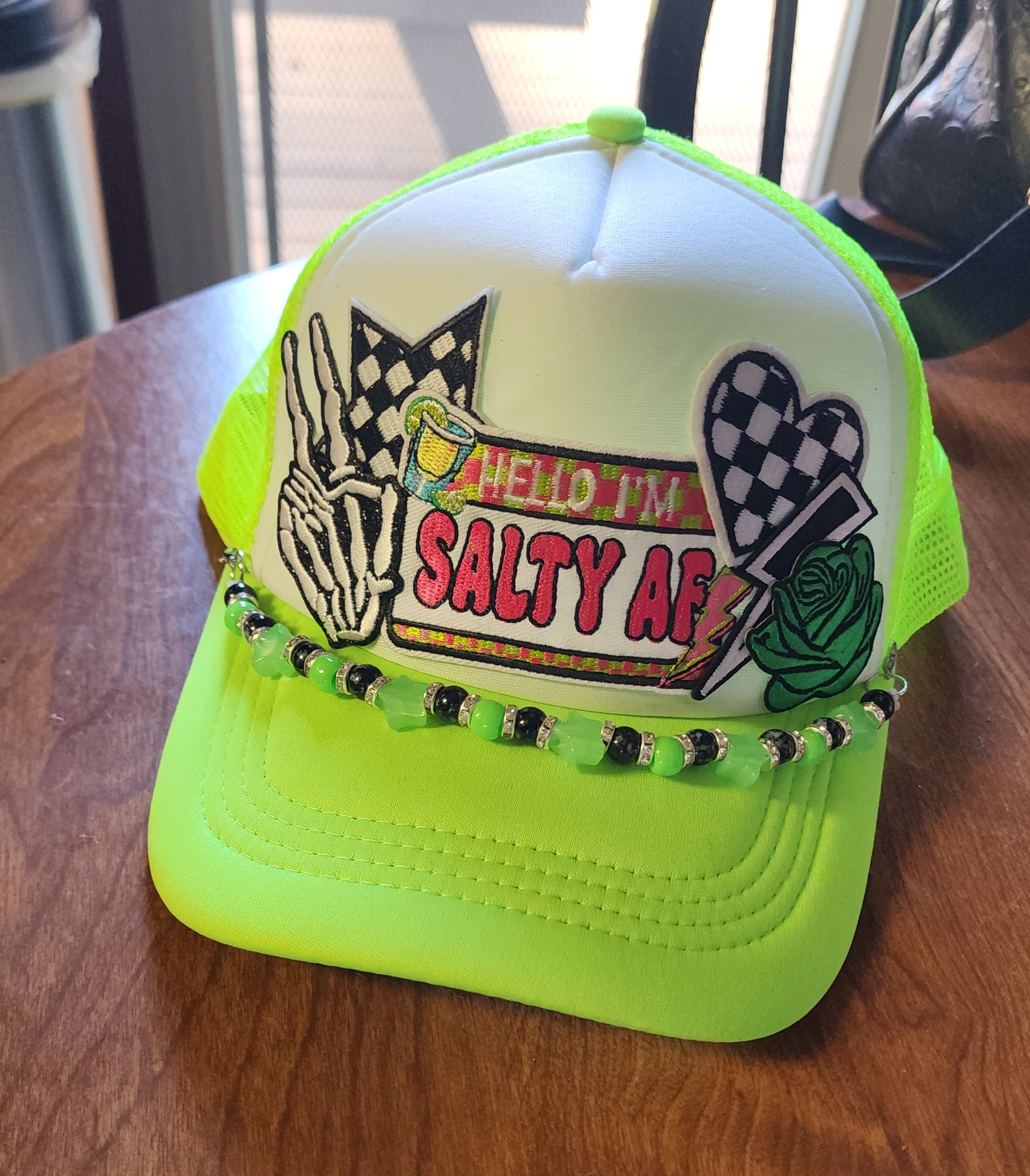 Salty AF Trucker Hat – Neon Green & White Snapback with Checkered Patches, Edgy Festival Hat, Alternative Streetwear Cap
