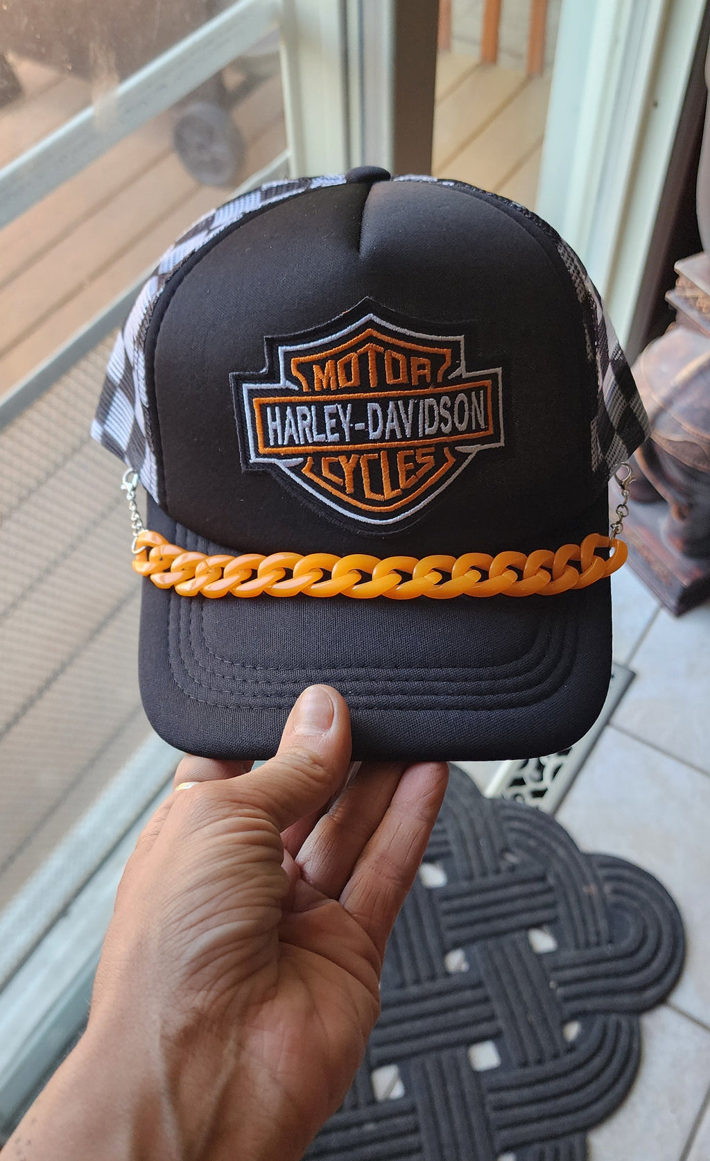 HD Checkered Trucker Hat – Black & White Snapback with Orange Hat Chain, Edgy Biker Hat, Western Streetwear Cap