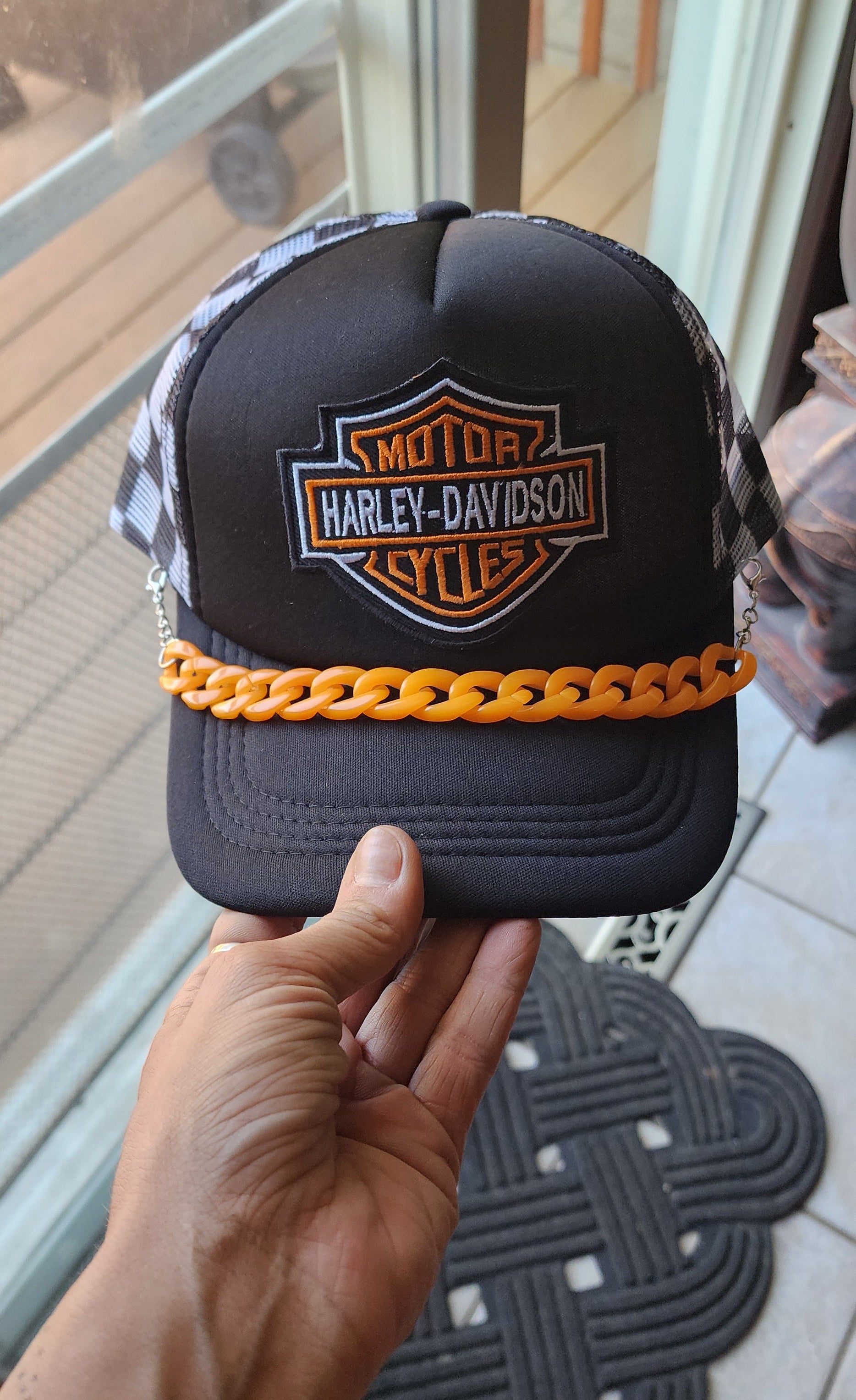 HD Checkered Trucker Hat – Black & White Snapback with Orange Hat Chain, Edgy Biker Hat, Western Streetwear Cap