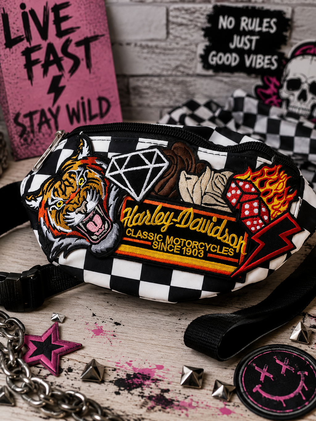 Handmade Checkered Crossbody Belt Bag | Alternative Patchwork Fanny Pack | Punk, Rockabilly & Biker Festival Bag | Hempin Mayhem