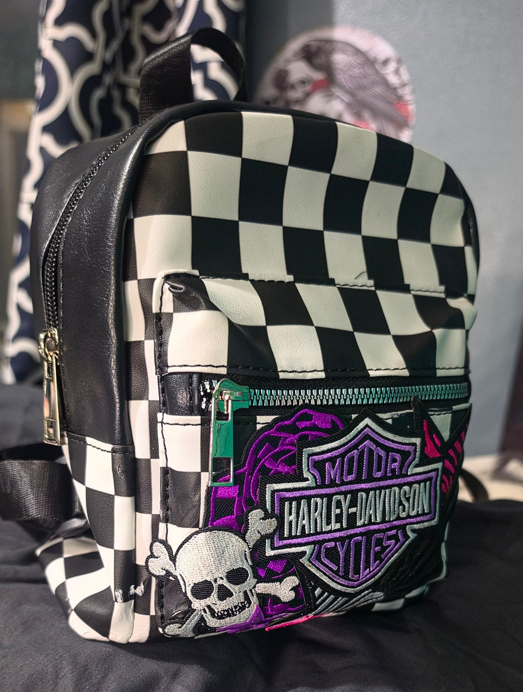 Black & White Checkered Mini Backpack Purse with Purple Embroidered Patch | Punk Rock Backpack | Alternative Style Backpack Purse | Handmade Statement Bag