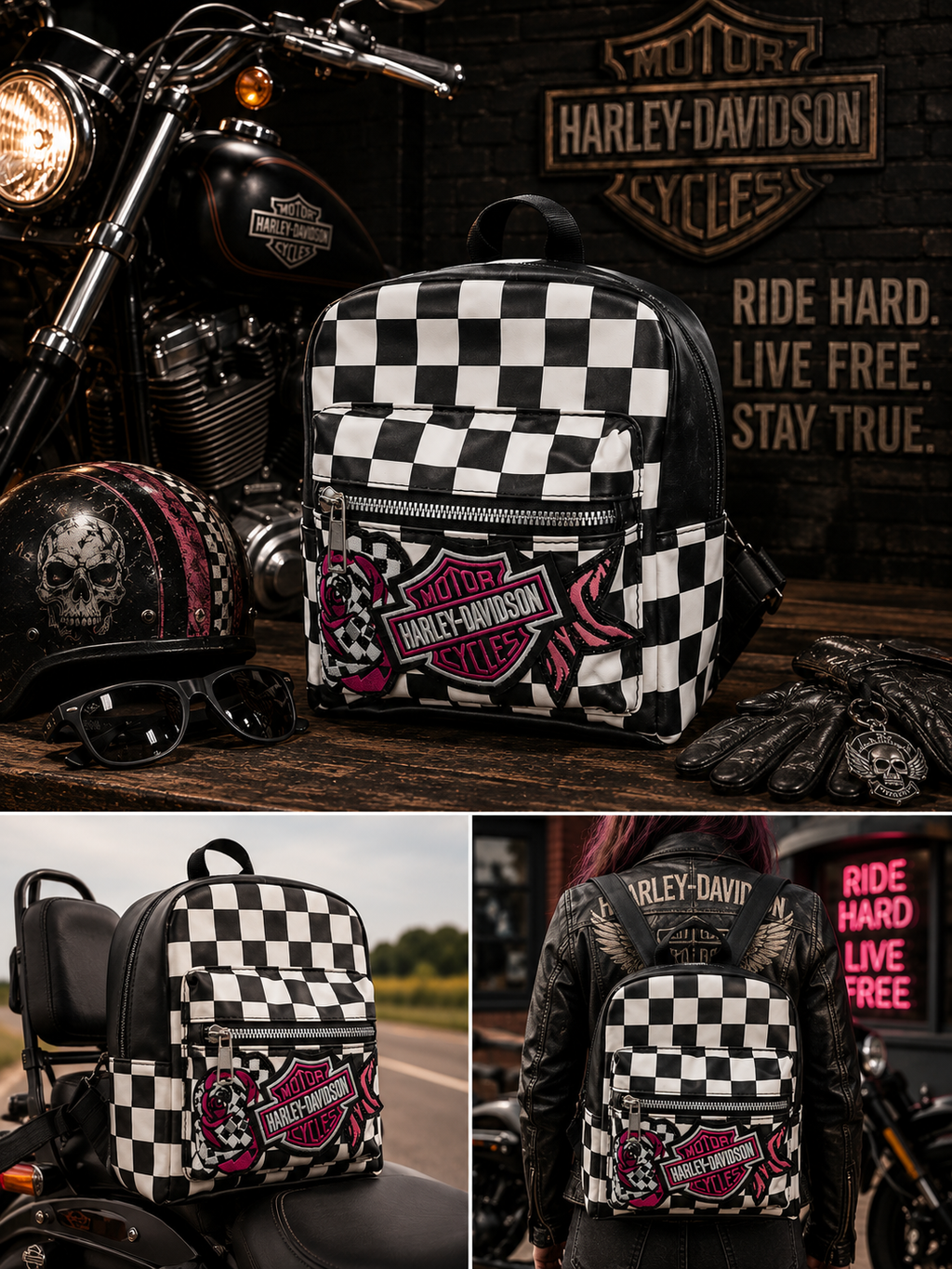Pink Embroidered Patch Checkered Backpack Purse | Black & White Checkerboard Mini Backpack | Biker-Inspired Bag | Punk Rock Backpack Purse | Alternative Fashion Bag
