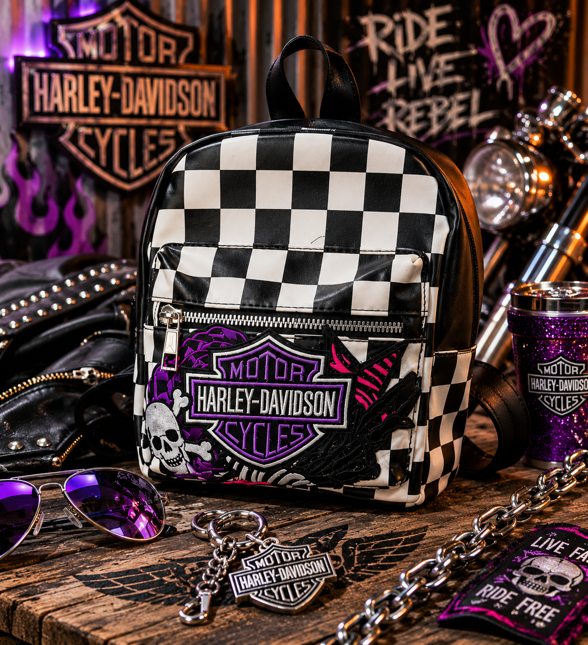 Black & White Checkered Mini Backpack Purse with Purple Embroidered Patch | Punk Rock Backpack | Alternative Style Backpack Purse | Handmade Statement Bag