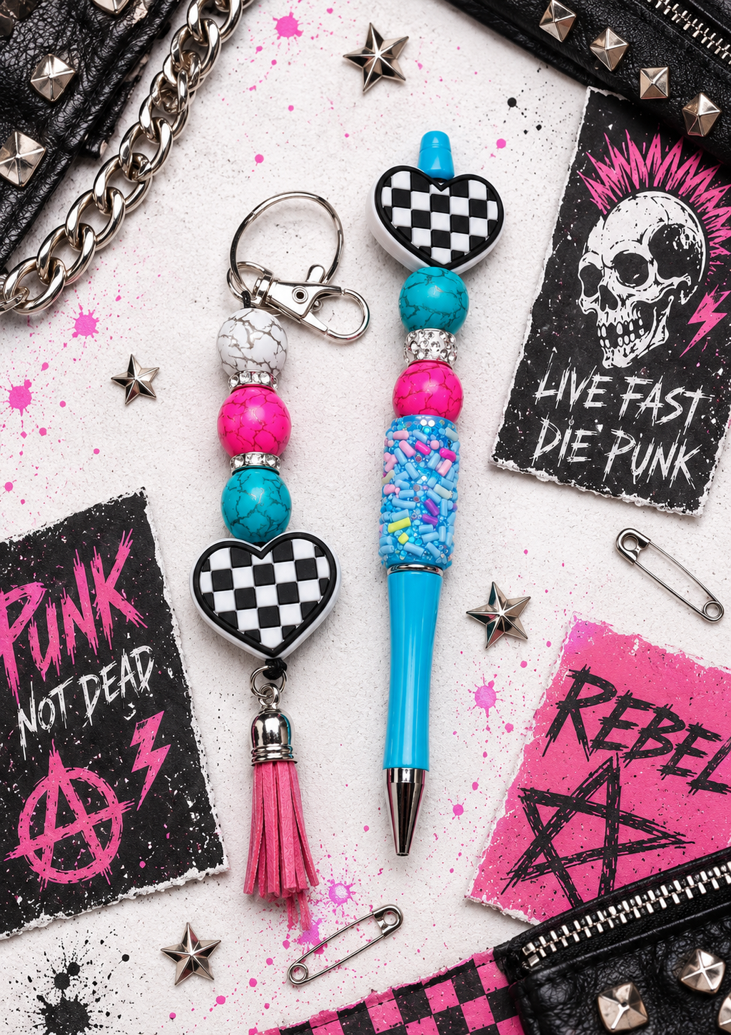 Checkered Heart Gift Set | Handmade Beaded Pen, Hemp Keychain, Vinyl Sticker Bundle | Cute Alternative Gift for Teens, Best Friend & Teacher