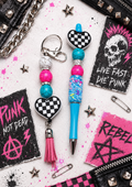 Checkered Heart Gift Set | Handmade Beaded Pen, Hemp Keychain, Vinyl Sticker Bundle | Cute Alternative Gift for Teens, Best Friend & Teacher