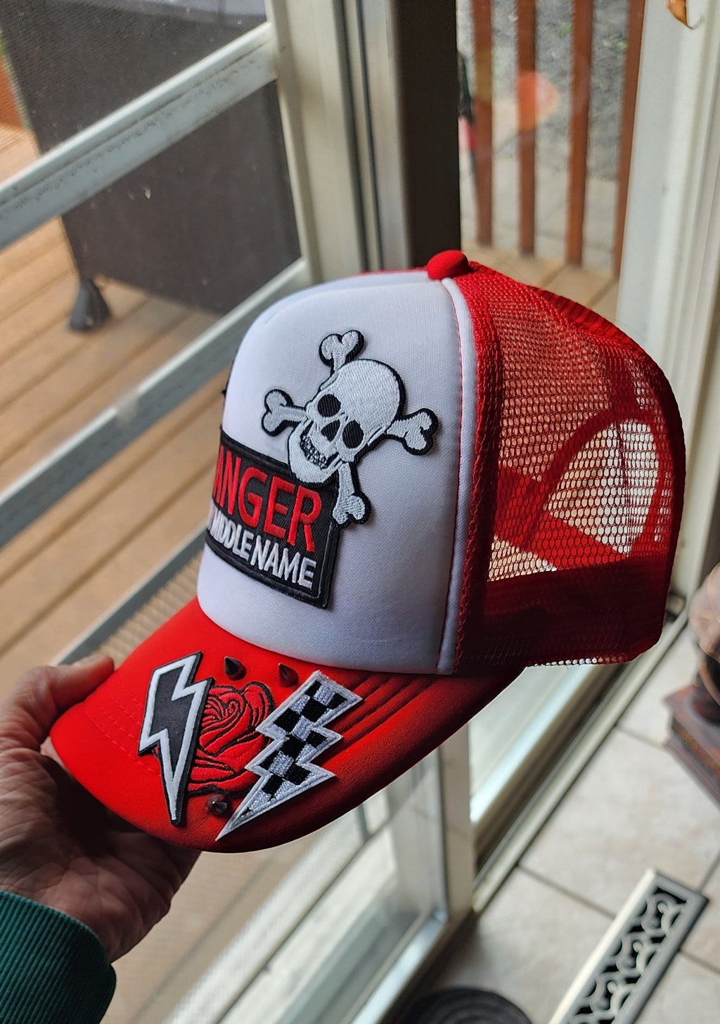 Danger Is My Middle Name Trucker Hat – Red & White Patch Snapback, Edgy Graphic Trucker Cap, Retro Western Biker Hat