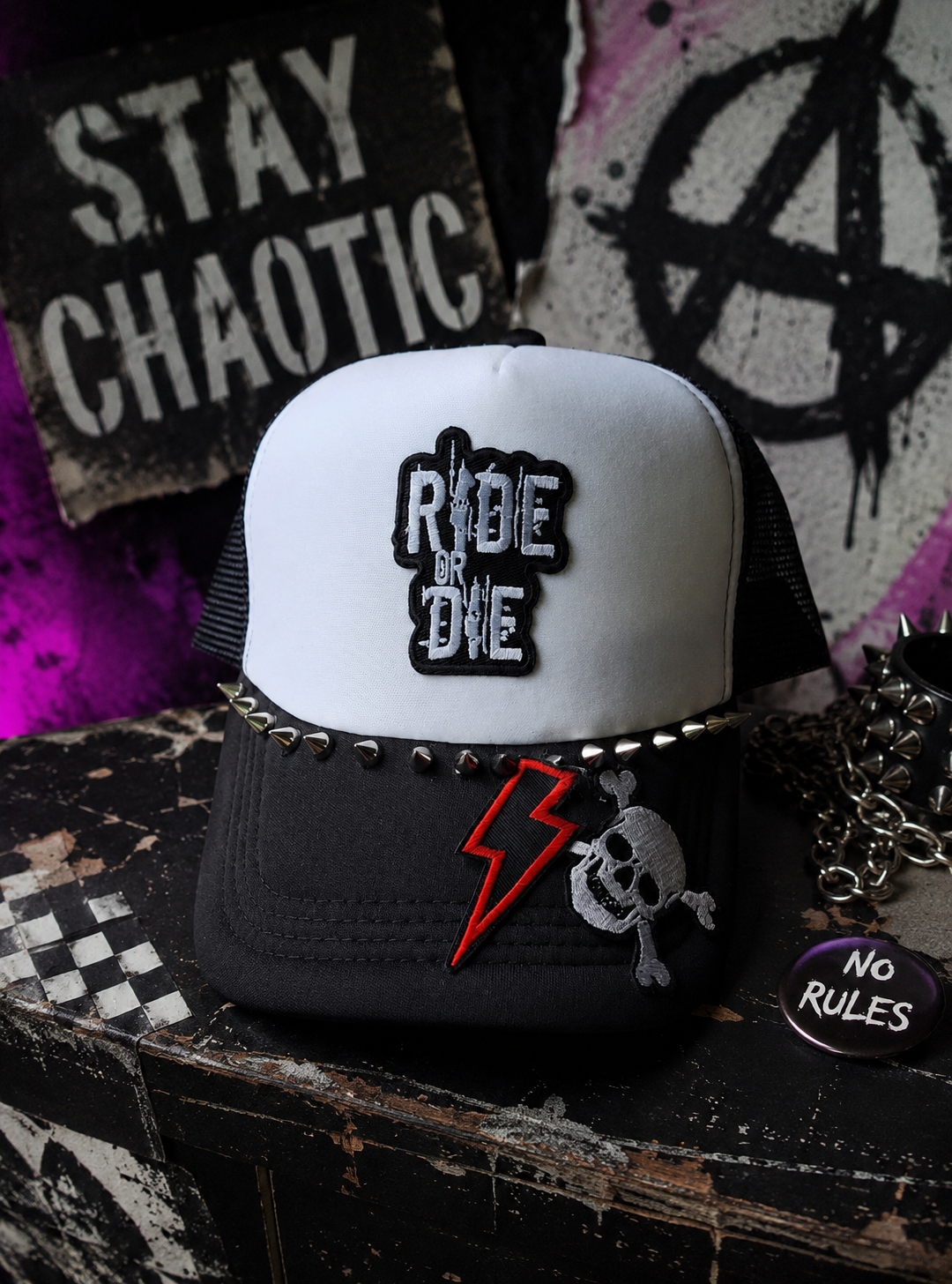 Ride or Die Studded Trucker Hat | Punk Rock Snapback Hat | Black & White Mesh Hat | Handmade Biker Hat | Western Goth Festival Cap | Alternative Streetwear