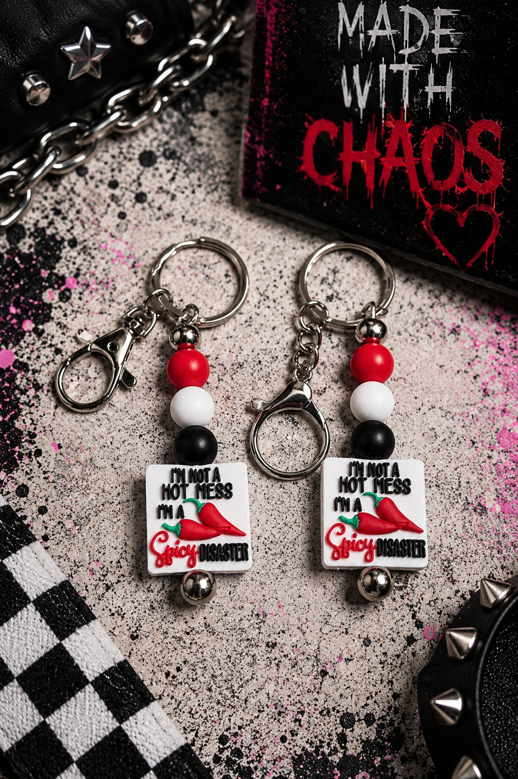 I'm Not a Hot Mess, I'm a Spicy Disaster Handmade Beaded Keychain | Funny Sarcastic Gift | Black, White & Red Silicone Bead Keychain