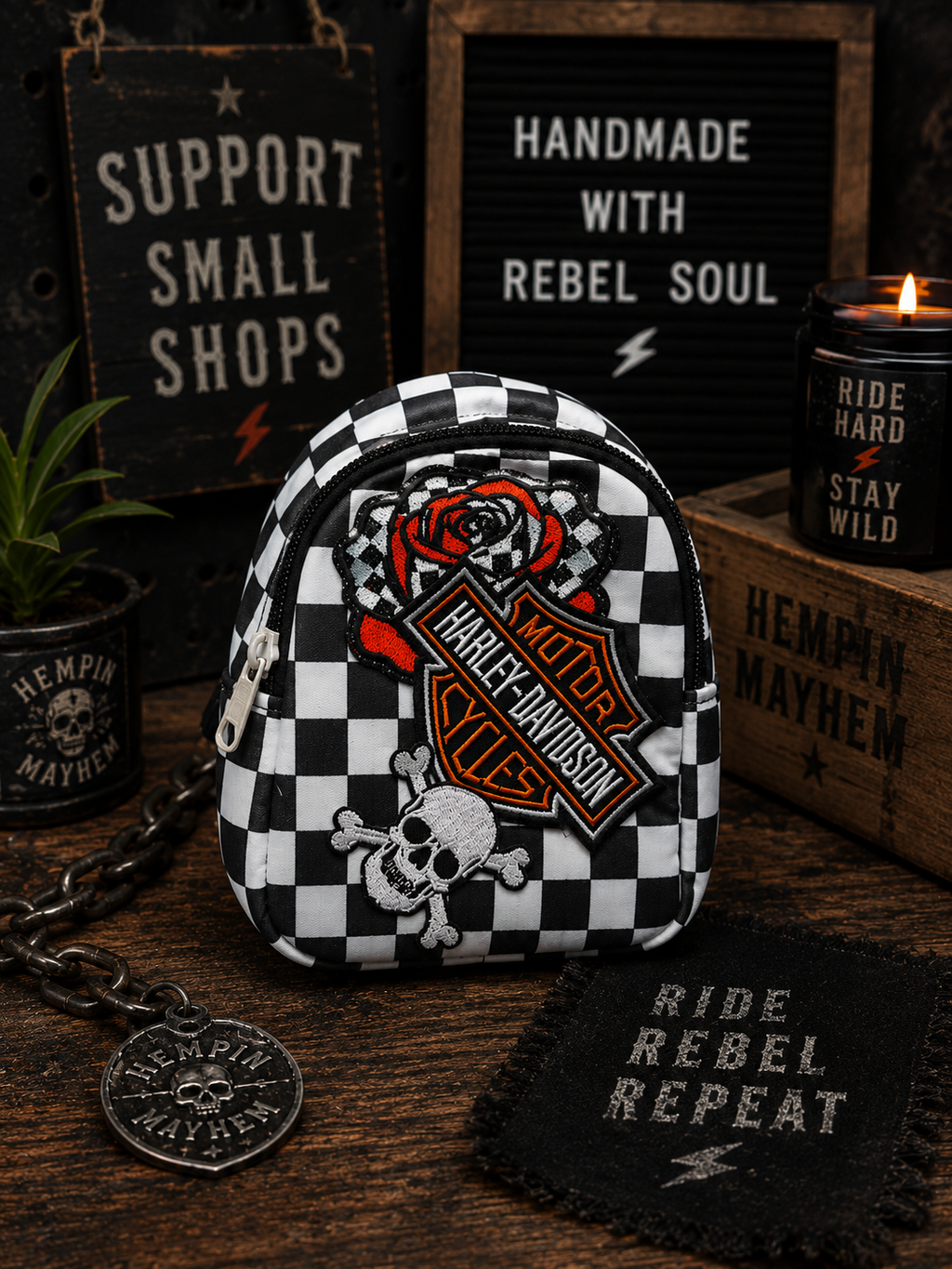 Black & White Checkered Mini Backpack with Orange HD Patch