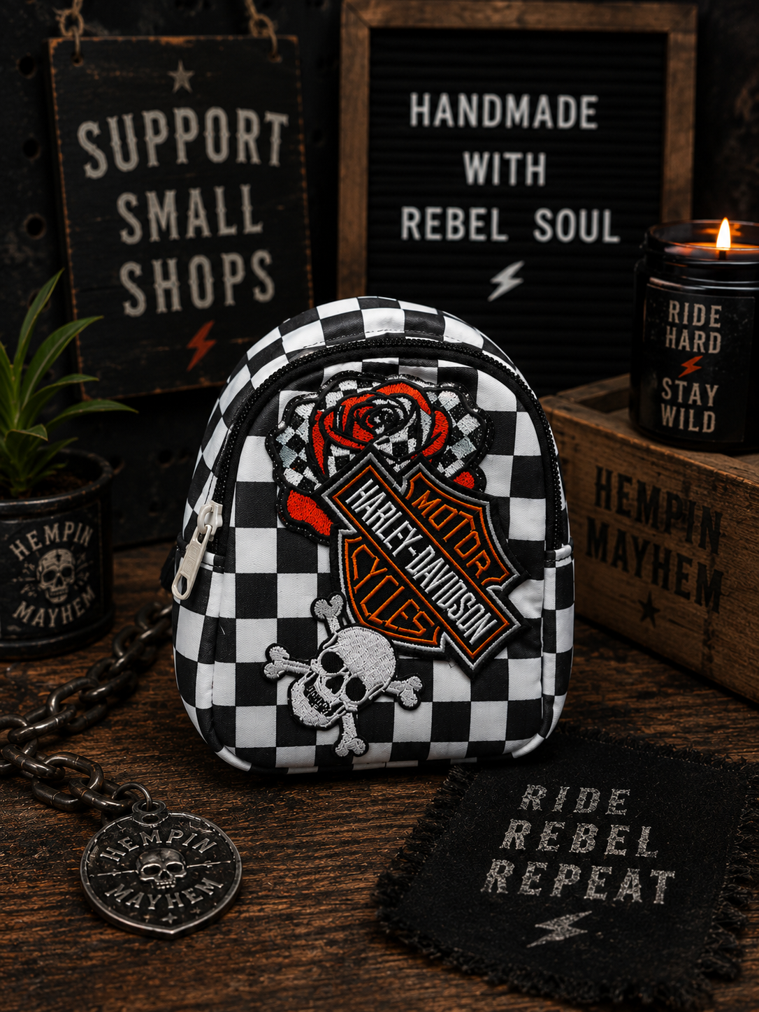 Black & White Checkered Mini Backpack with Orange HD Patch