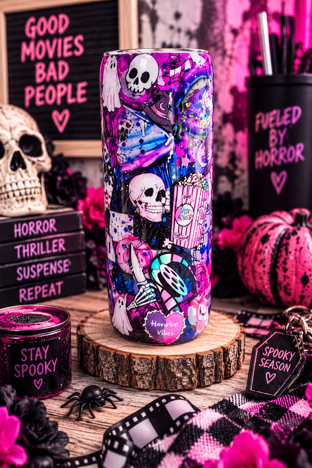 Horror Movies & Chill Tumbler – Handmade Glitter Epoxy Horror Movie Cup | Spooky Gothic Drinkware | Horror Lover Gift