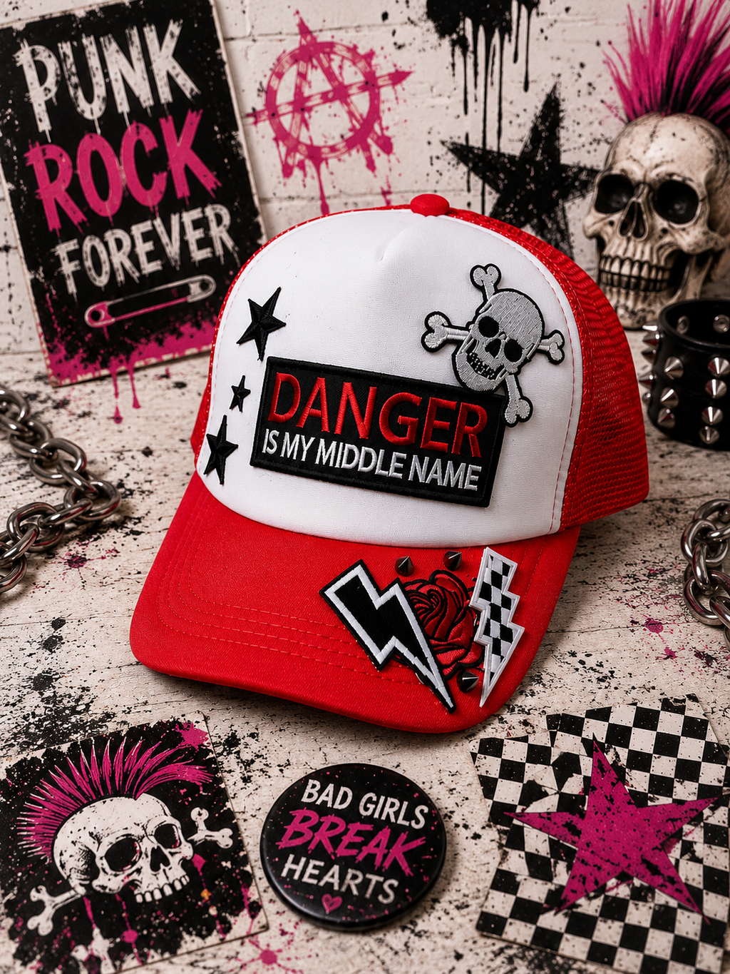 Danger Is My Middle Name Trucker Hat – Red & White Patch Snapback, Edgy Graphic Trucker Cap, Retro Western Biker Hat