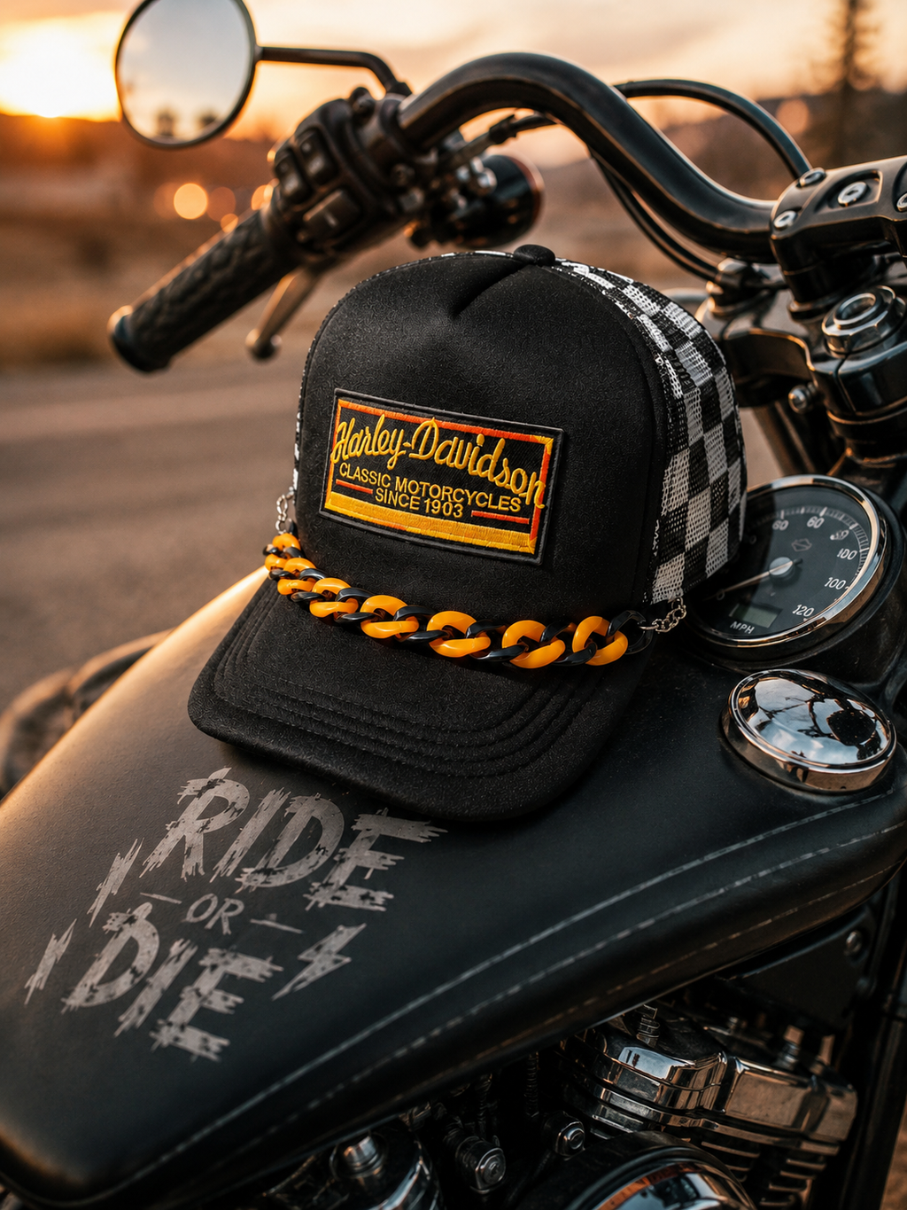 Biker Trucker Hat – Edgy Snapback Cap, Motorcycle Inspired Streetwear Hat, Checkered Western Style Mesh Hat