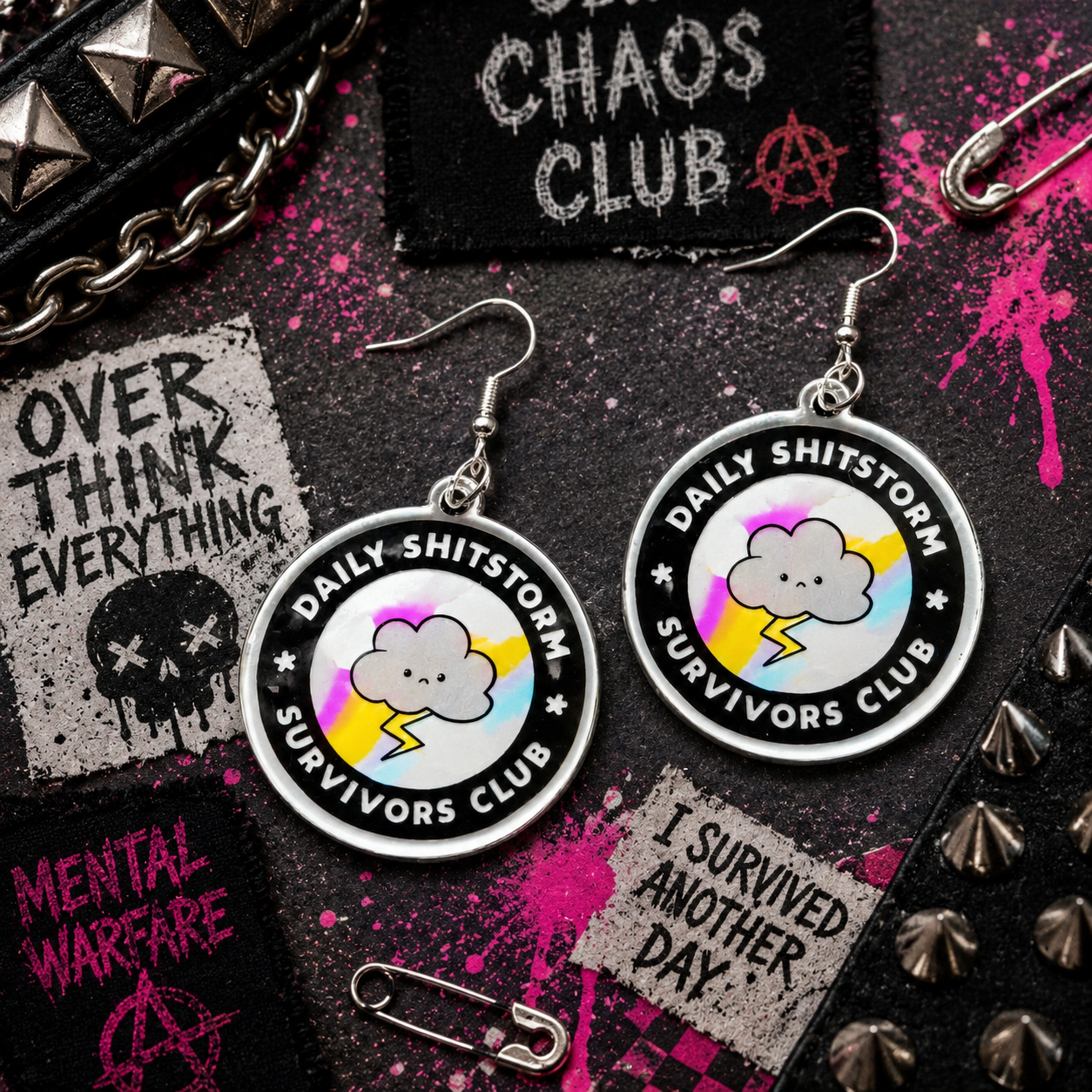Daily Sh*tstorm Survivor Club Earrings | Funny Cloud & Lightning Acrylic Dangle Earrings | Burnout Queen Gift | Rainbow Statement Earrings