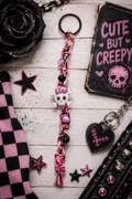 Pink Black & White Hemp Keychain with Skull Charm | Handmade Boho Goth Accessories
