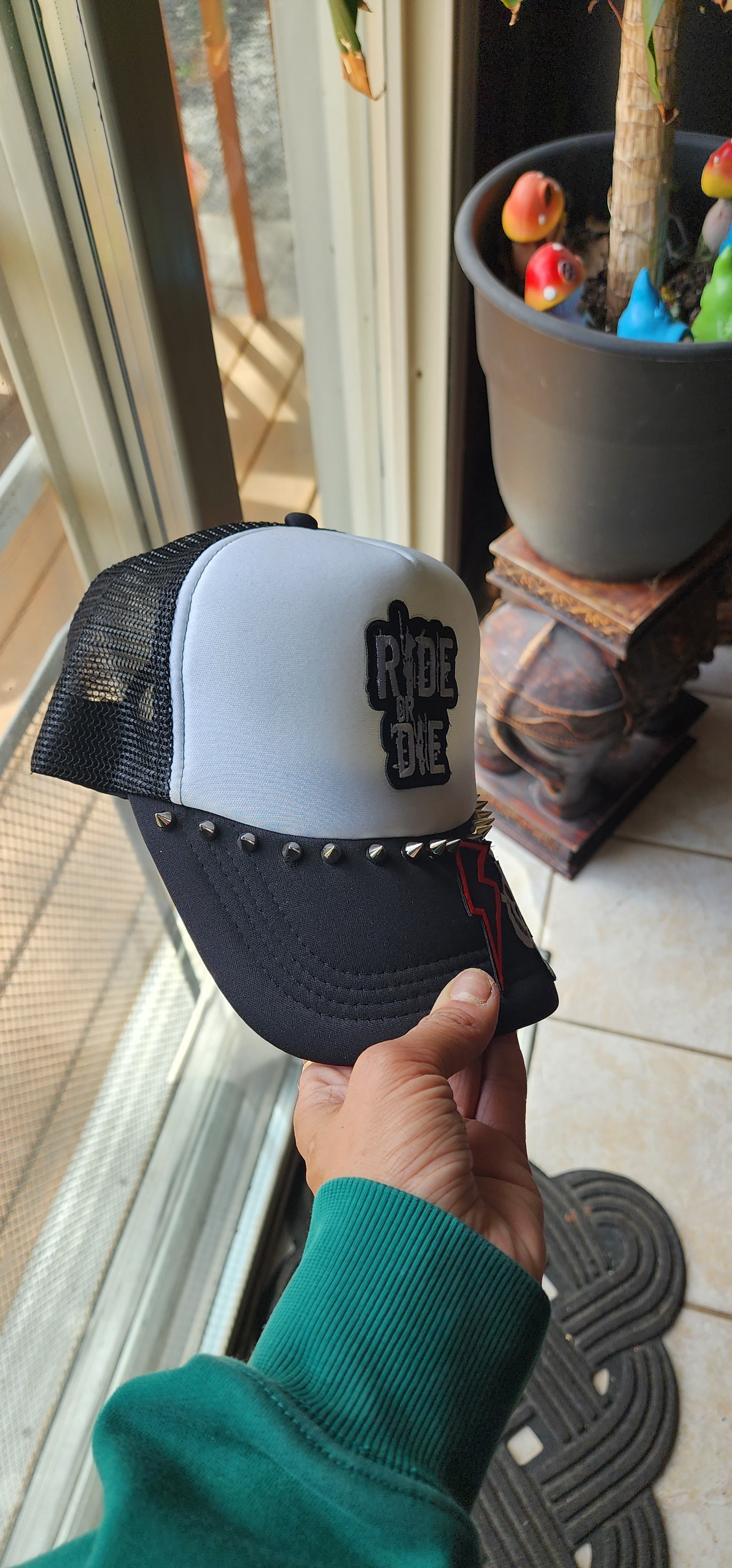 Ride or Die Trucker Hat – Black & White Studded Patch Hat, Edgy Snapback Cap, Biker Western Graphic Trucker Hat