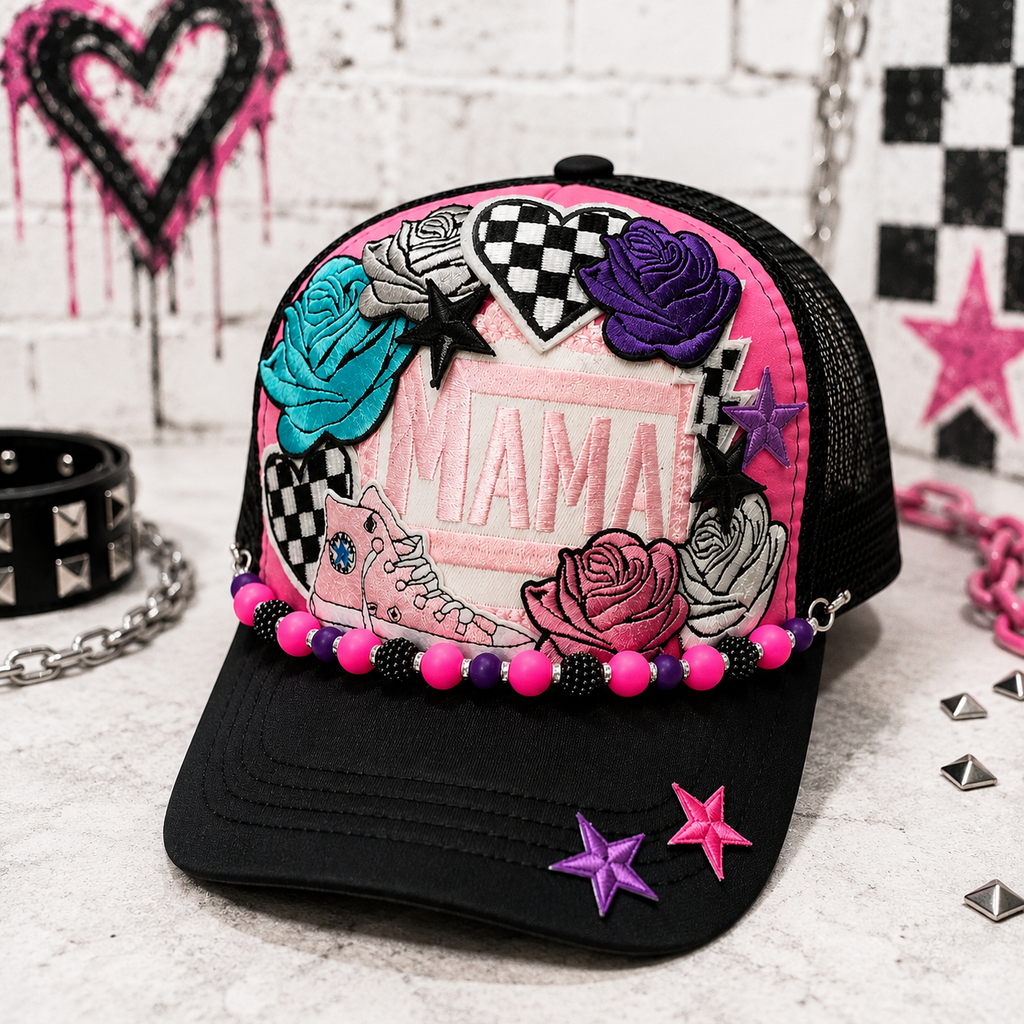 Mama Trucker Hat – Pink & Black Mesh Snapback Cap, Trendy Mom Hat, Cute Western Streetwear Trucker Hat