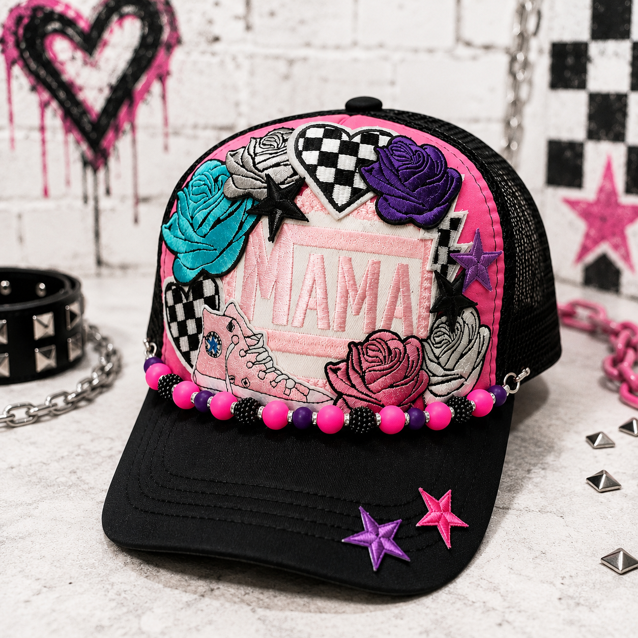 Mama Trucker Hat – Pink & Black Mesh Snapback Cap, Trendy Mom Hat, Cute Western Streetwear Trucker Hat
