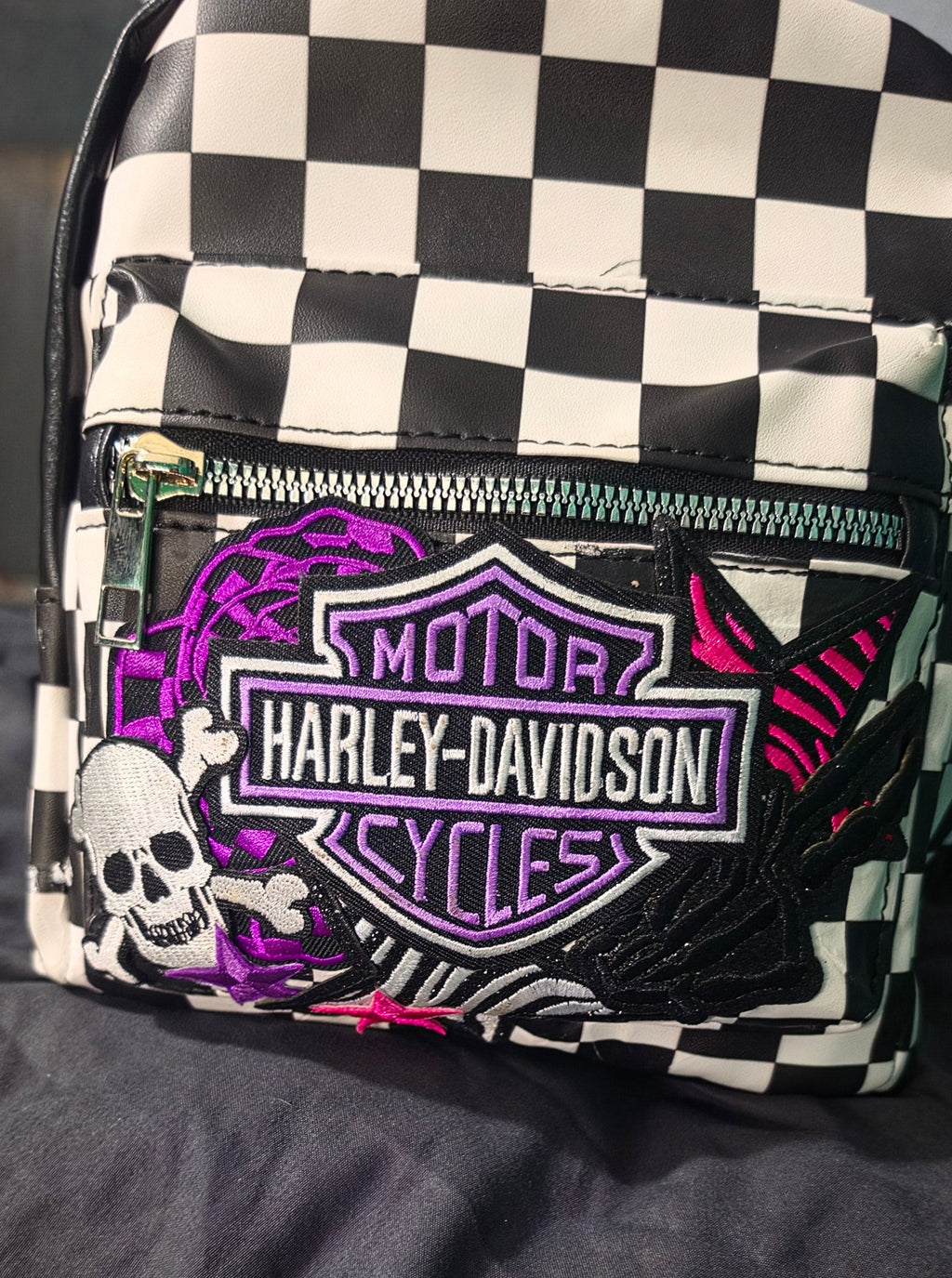 Black & White Checkered Mini Backpack Purse with Purple Embroidered Patch | Punk Rock Backpack | Alternative Style Backpack Purse | Handmade Statement Bag