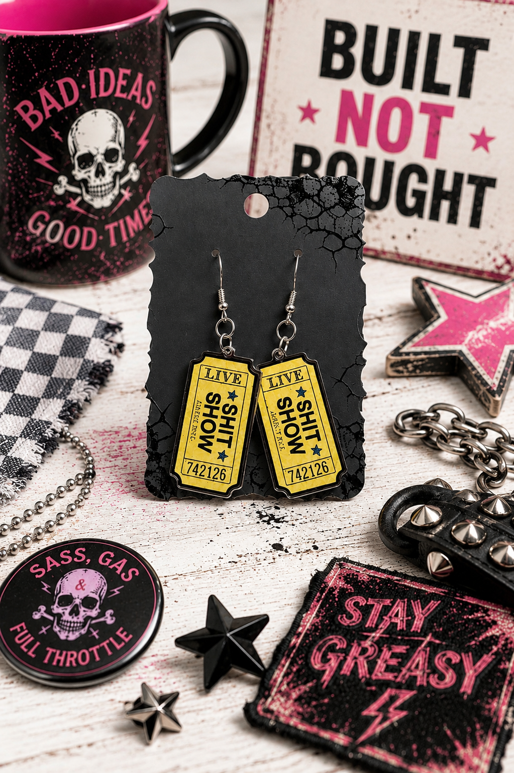 Black & Yellow Sh*t Show Ticket Earrings | Funny Acrylic Statement Dangles