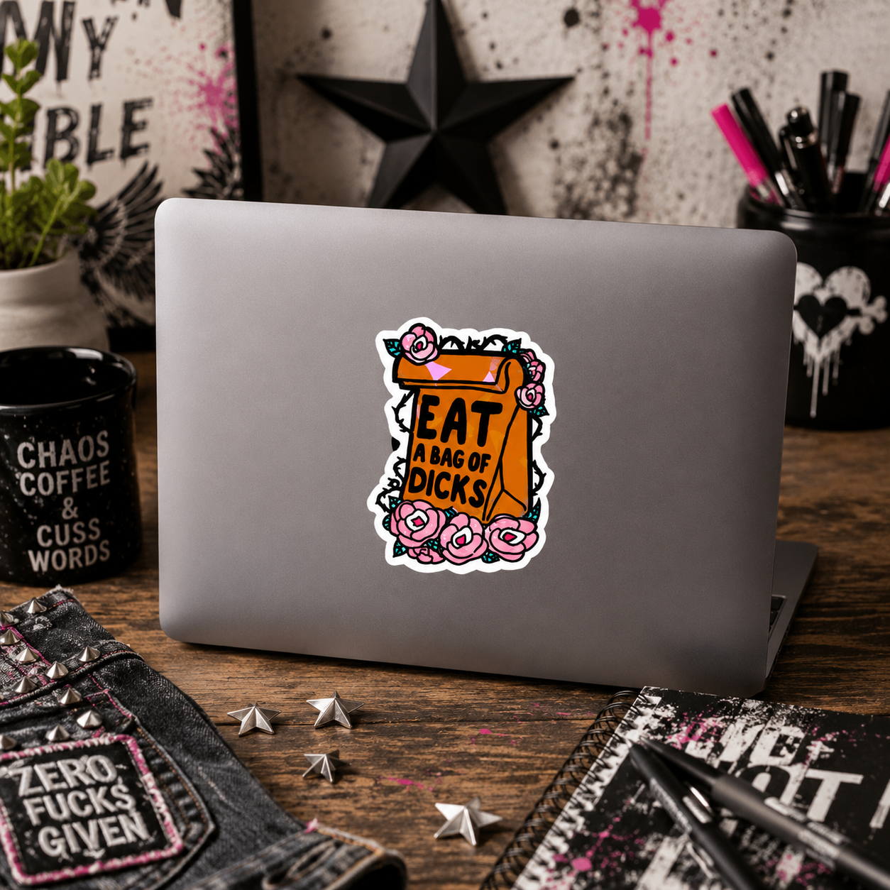 Eat a Bag of Dicks Floral Vinyl Sticker | Funny Sarcastic Sticker | Waterproof Adult Humor Decal | Cute Petty Laptop, Water Bottle & Car Sticker