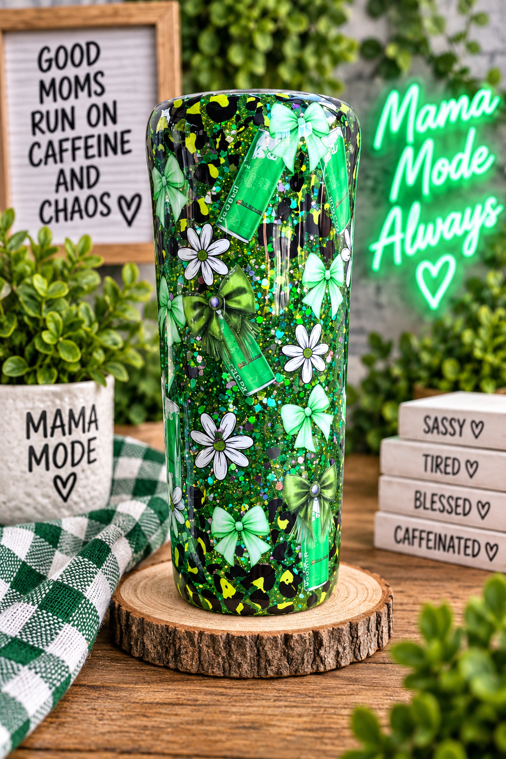 Green Glitter Mom Tumbler | Sassy Mama Cup | Lime Green & Black Checkered Tumbler | Cherry Bow Tumbler | Handmade 20oz Epoxy Cup