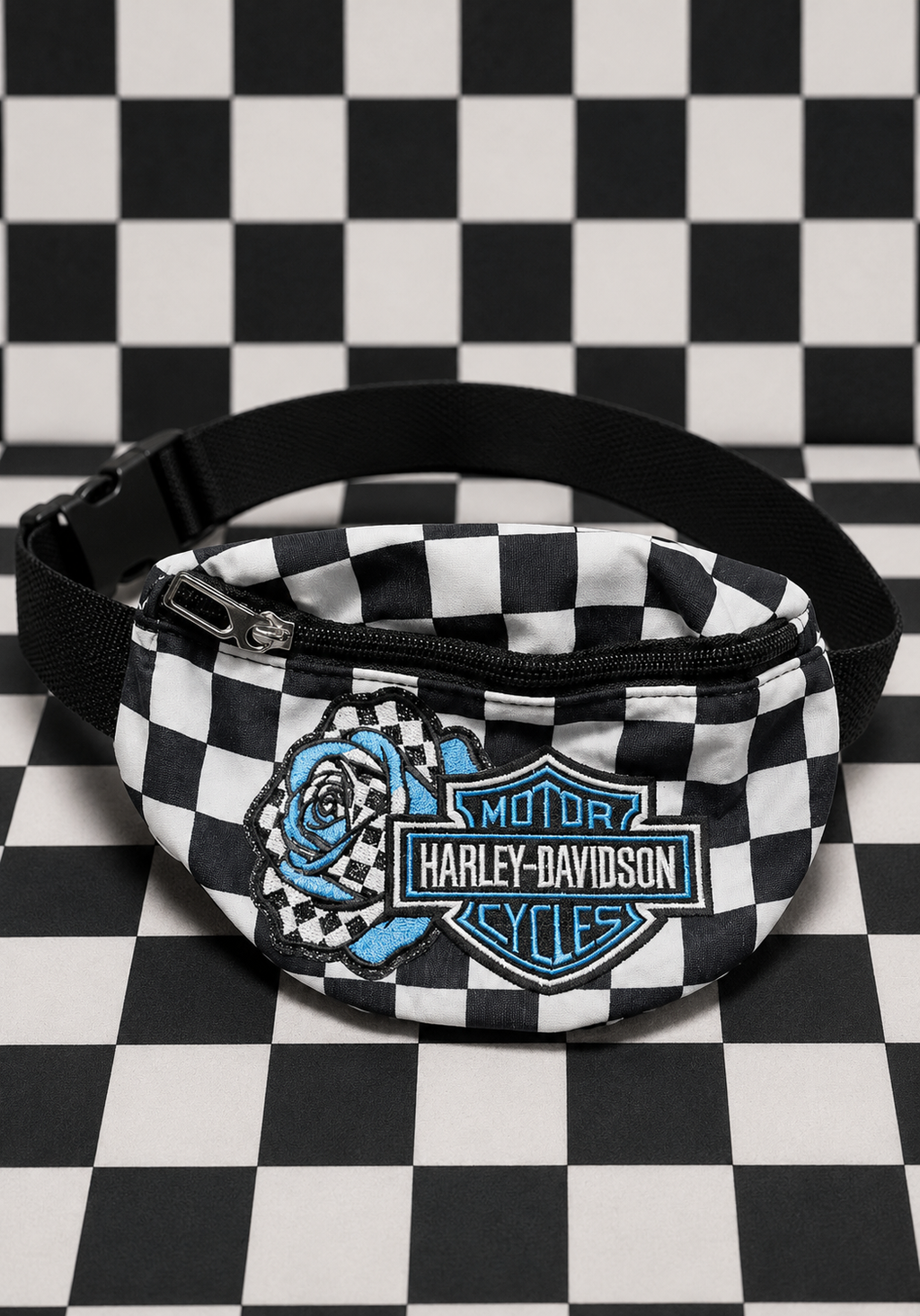 Blue & Black Checkered Bum Bag with Embroidered Motorcycle-Inspired Patch | Adjustable Waist Pack | Festival Bag | Crossbody Fanny Pack | Alternative Style
