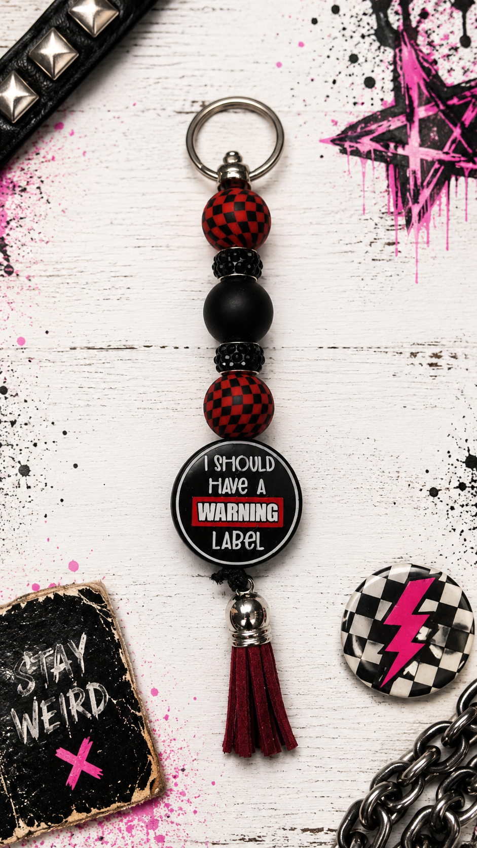 Should Have a Warning Label Beaded Keychain | Funny Keychain | Snarky Gift | Handmade Tassel Keychain | Bag Charm | Purse Accessory