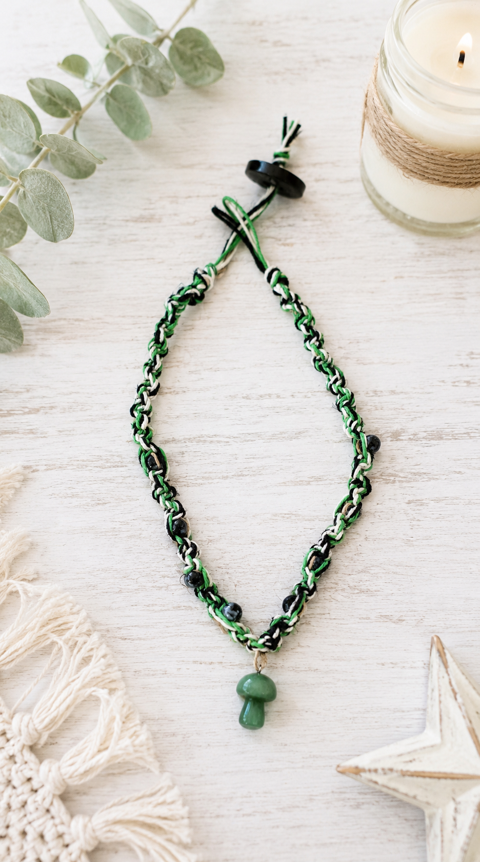 Green Mushroom Hemp Necklace | Handmade Boho Hemp Cord Necklace | Alternative Nature Jewelry