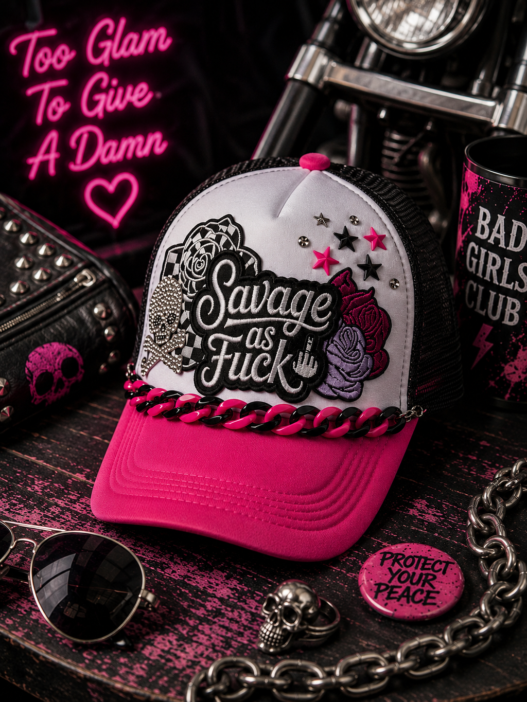 Savage As F*** Trucker Hat – Pink Black & White Snapback with Hat Chain, Sassy Patch Hat, Edgy Biker Babe Cap